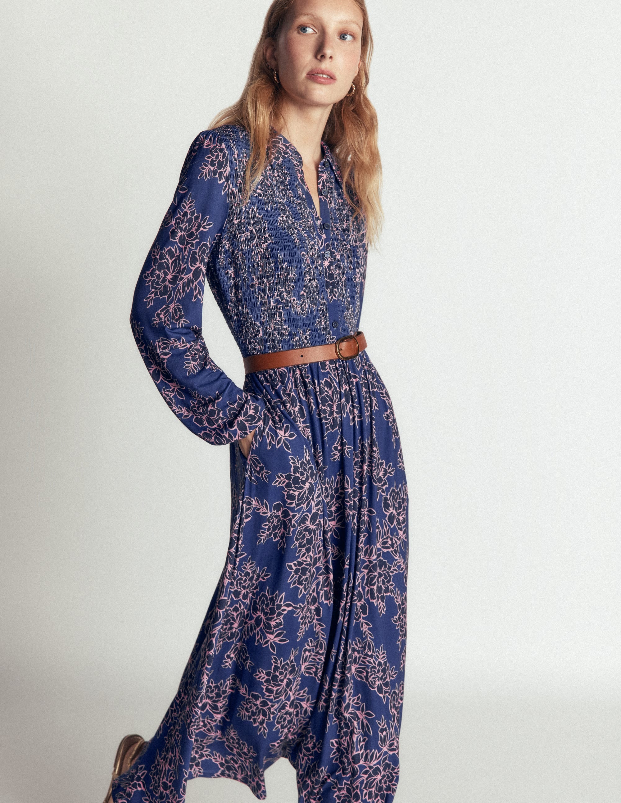 Smocked Jersey Dress-Denim Blue, Enchanted Peony - Image 1