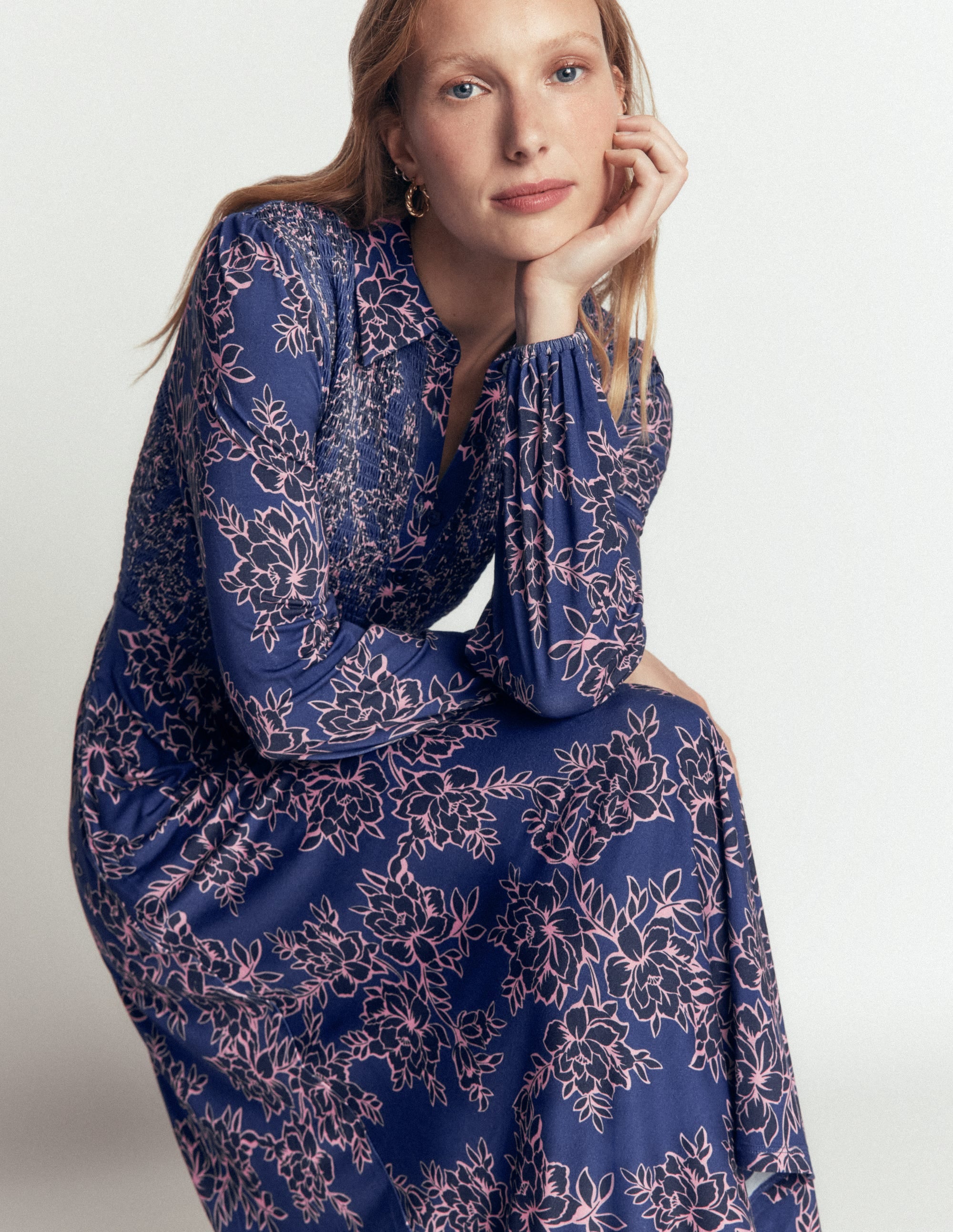 Smocked Jersey Dress-Denim Blue, Enchanted Peony - Image 2