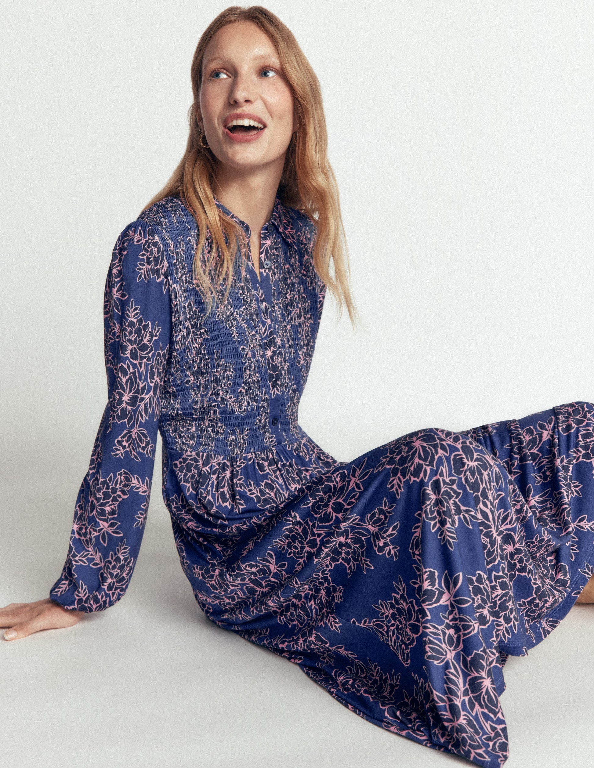 Smocked Jersey Dress-Denim Blue, Enchanted Peony-4