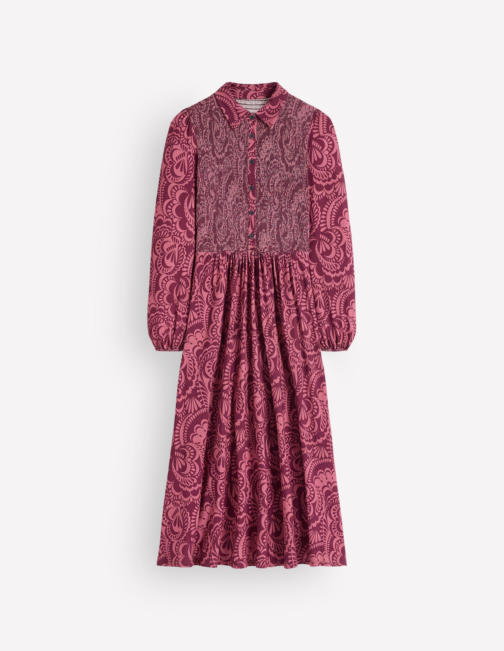 Camilla Smocked Jersey Dress-Maroon, Flourishing Medley-6
