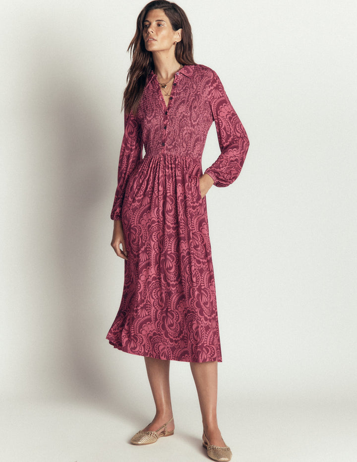 Smocked Jersey Dress-Maroon, Flourishing Medley