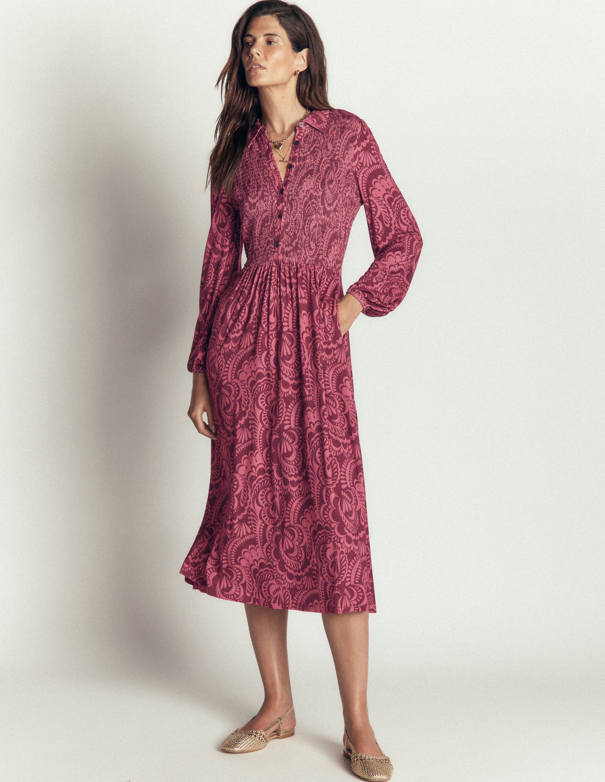 Camilla Smocked Jersey Dress-Maroon, Flourishing Medley-1