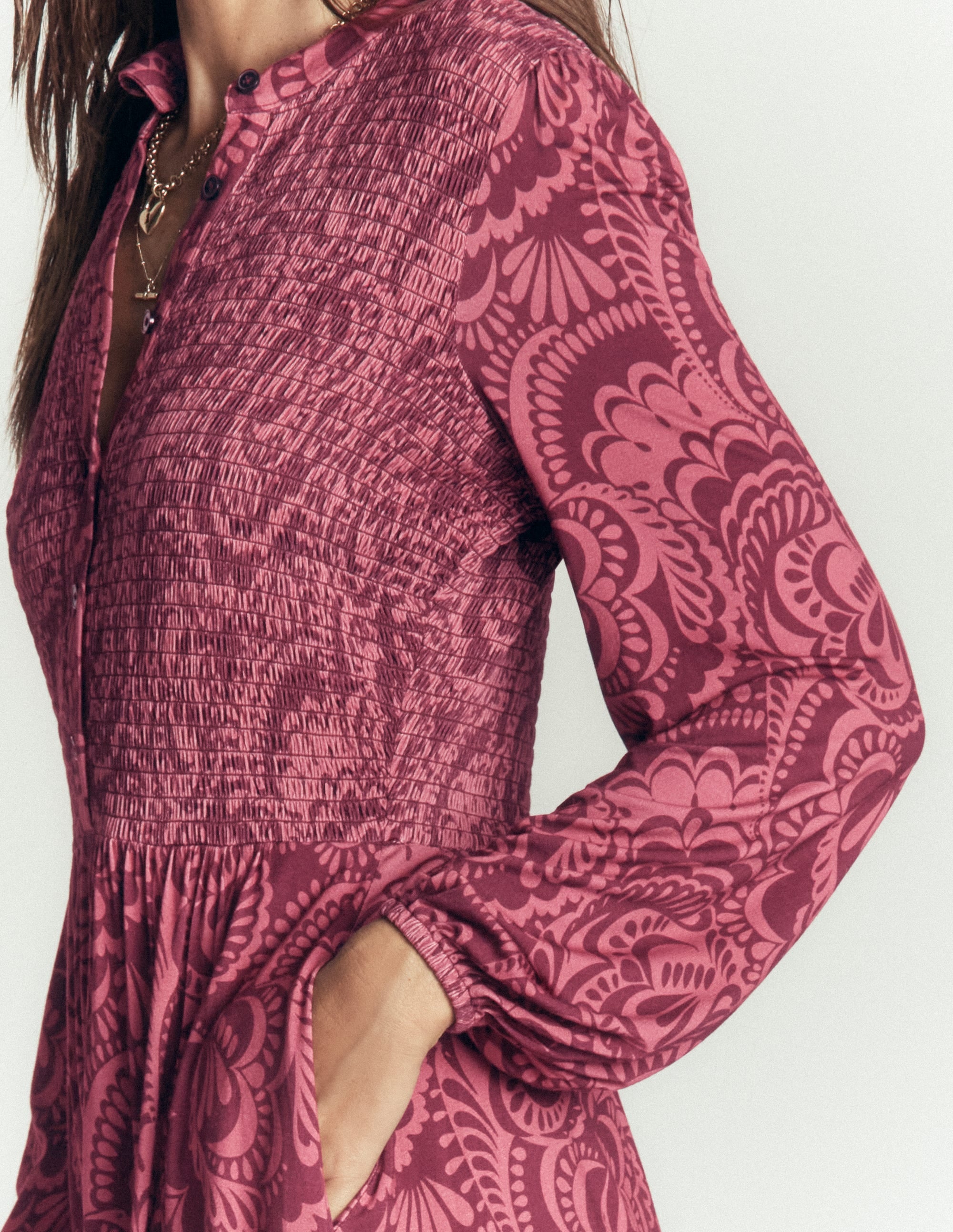 Camilla Smocked Jersey Dress-Maroon, Flourishing Medley - Image 2