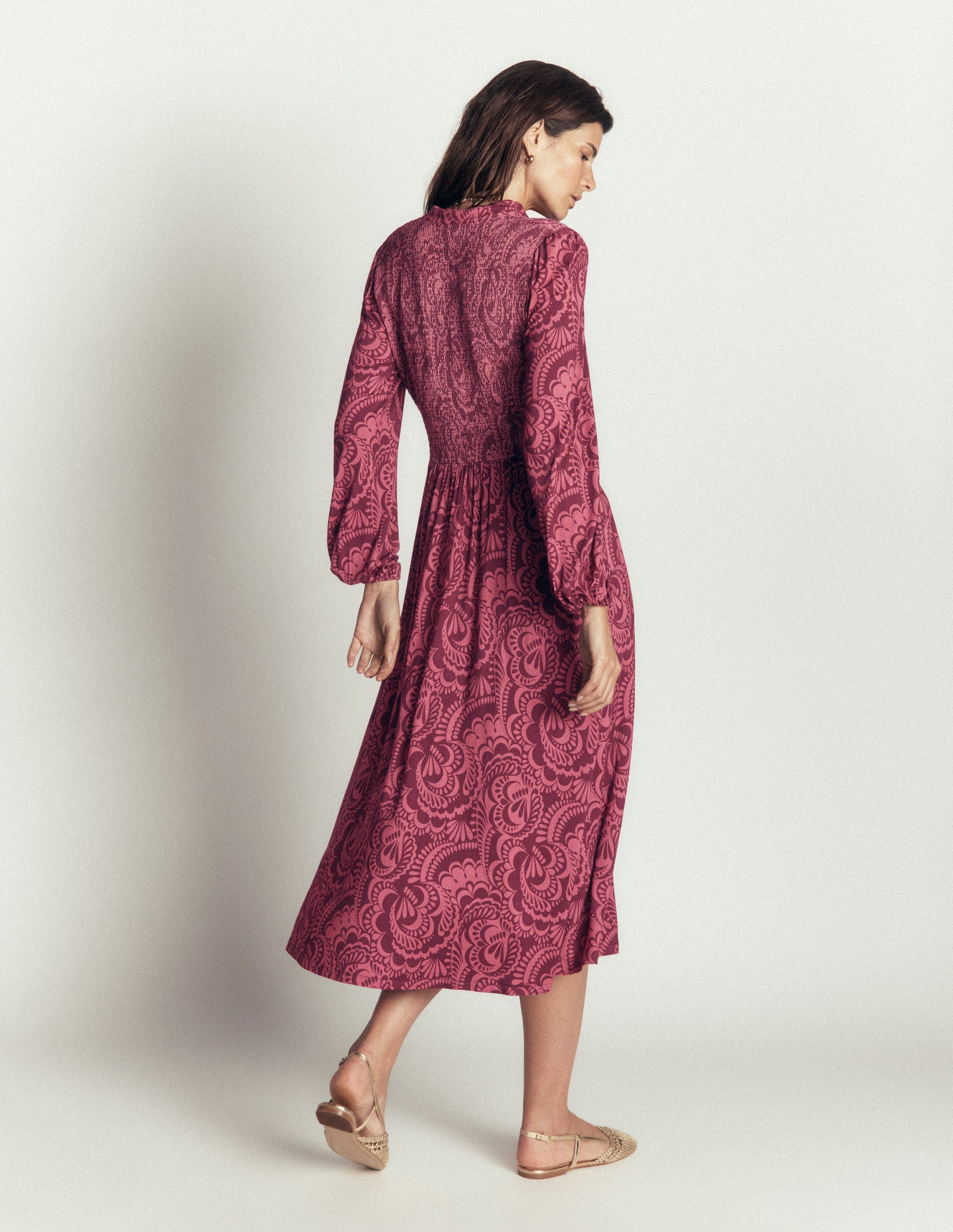 Camilla Smocked Jersey Dress-Maroon, Flourishing Medley-3