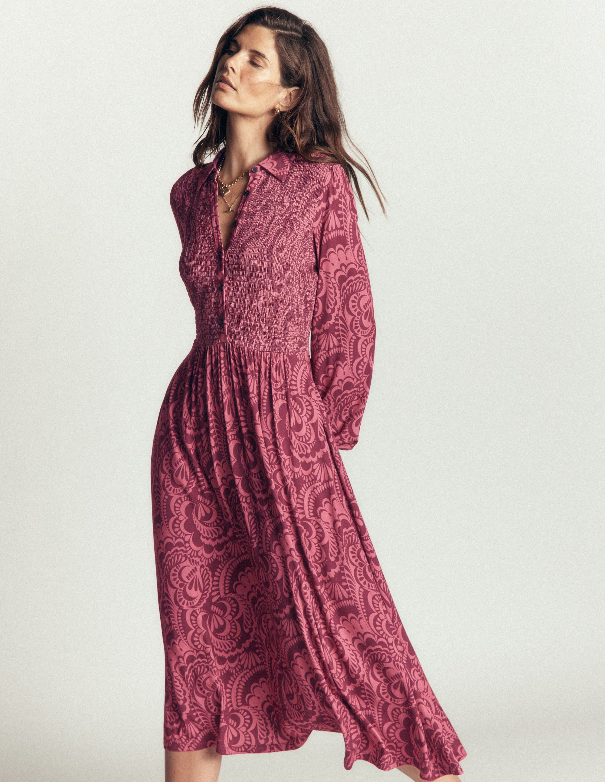 Camilla Smocked Jersey Dress-Maroon, Flourishing Medley - Image 4