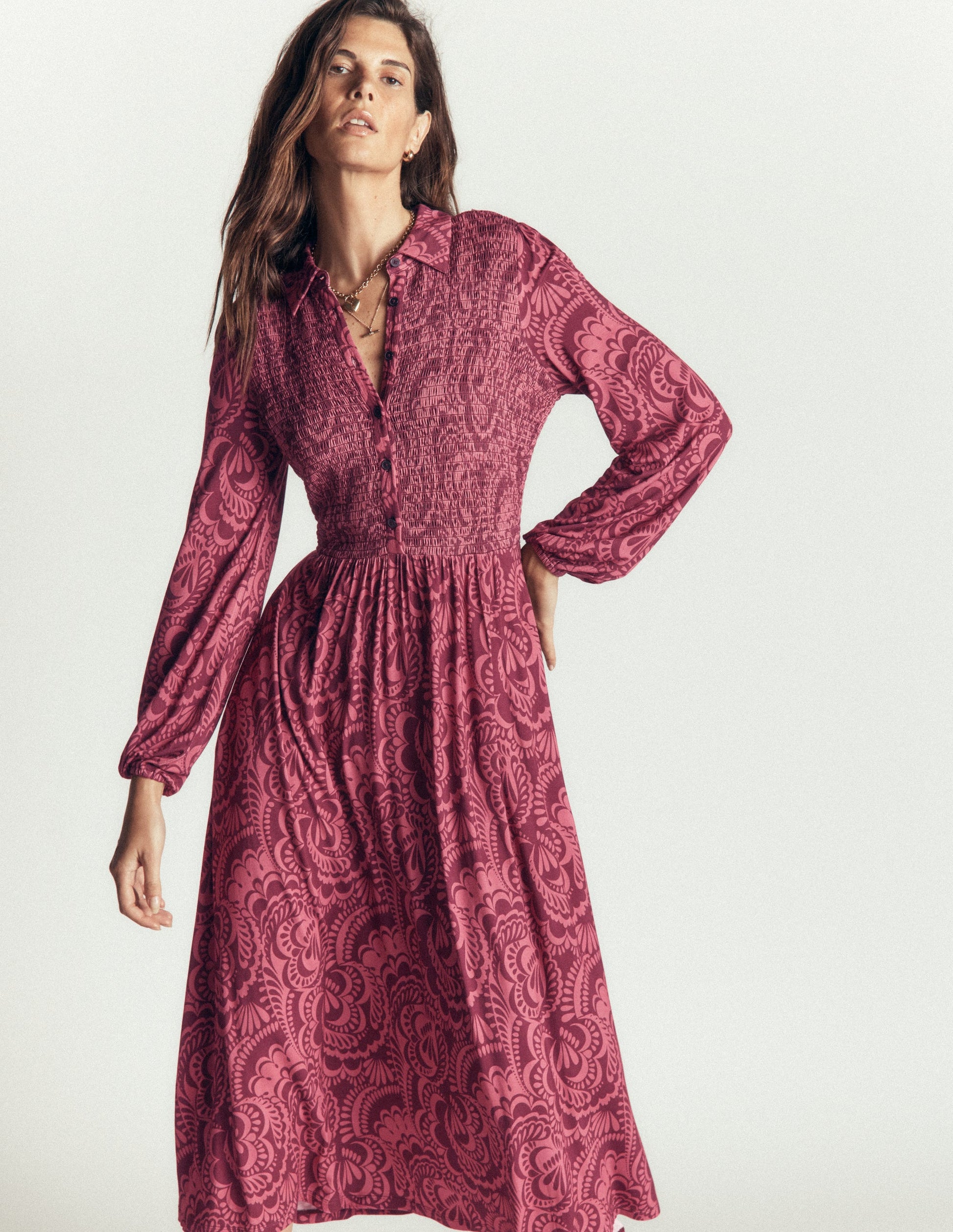 Camilla Smocked Jersey Dress-Maroon, Flourishing Medley-5