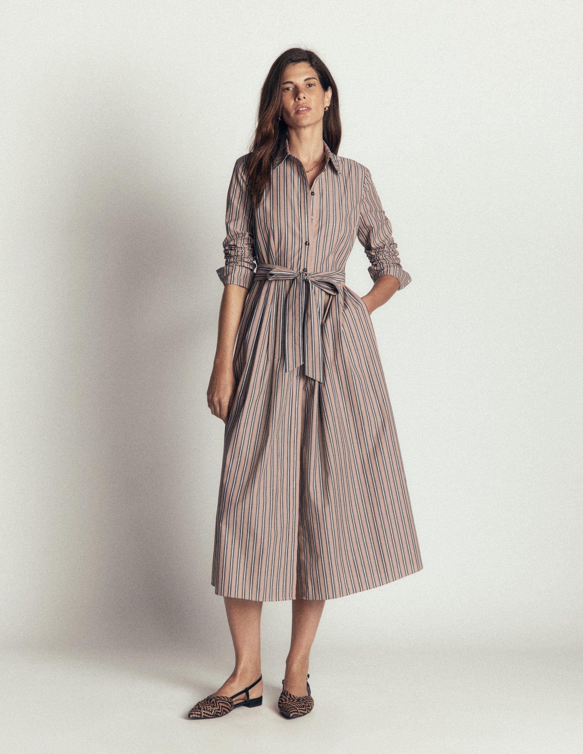 Alexa Cotton Midi Shirt Dress-Camel, Navy Tram Stripe-6