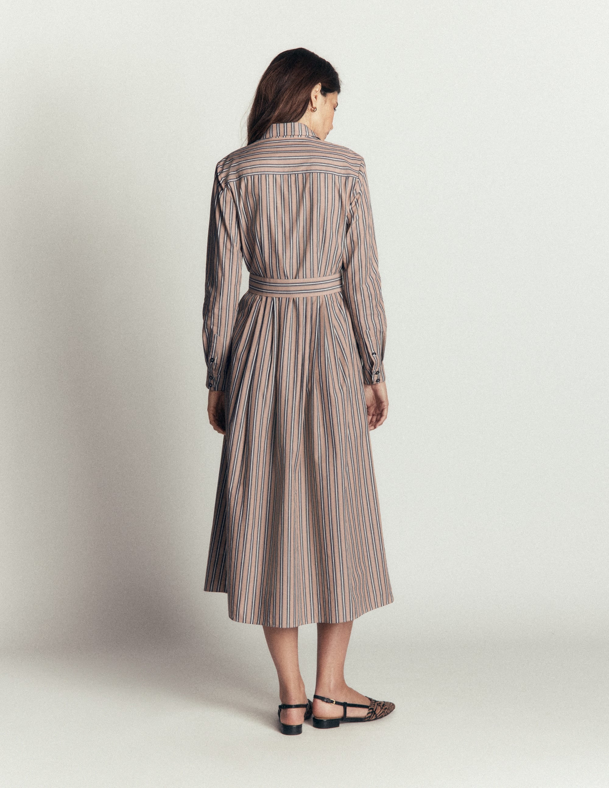 Alexa Cotton Midi Shirt Dress-Camel, Navy Tram Stripe - Image 7