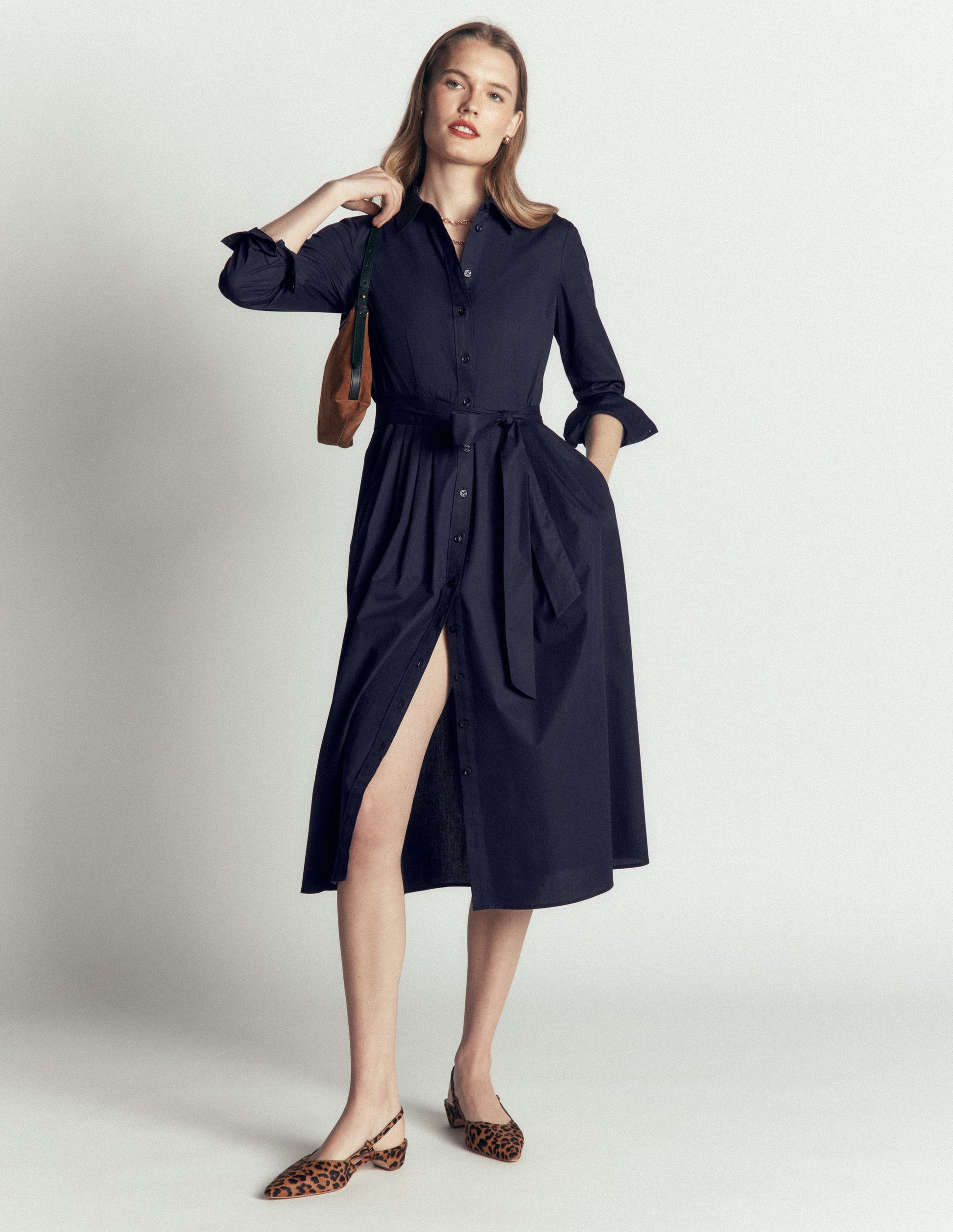Alexa Cotton Midi Shirt Dress-Navy-3
