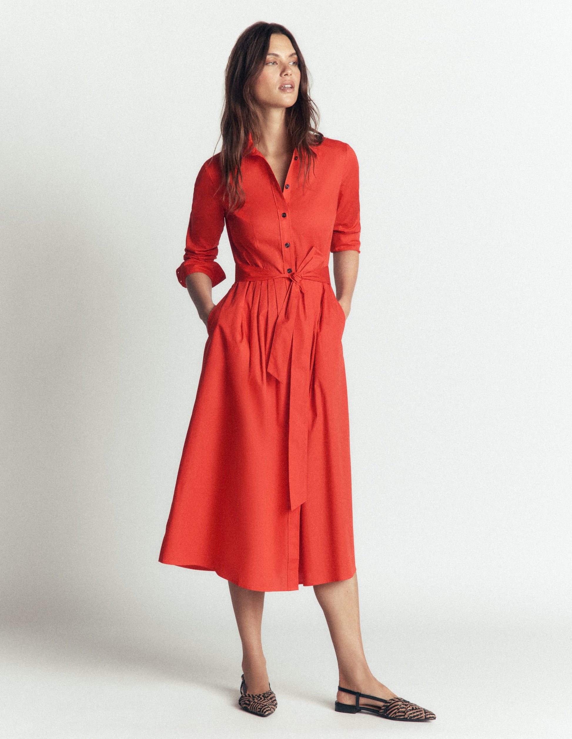 Alexa Cotton Midi Shirt Dress-Blood Orange-4