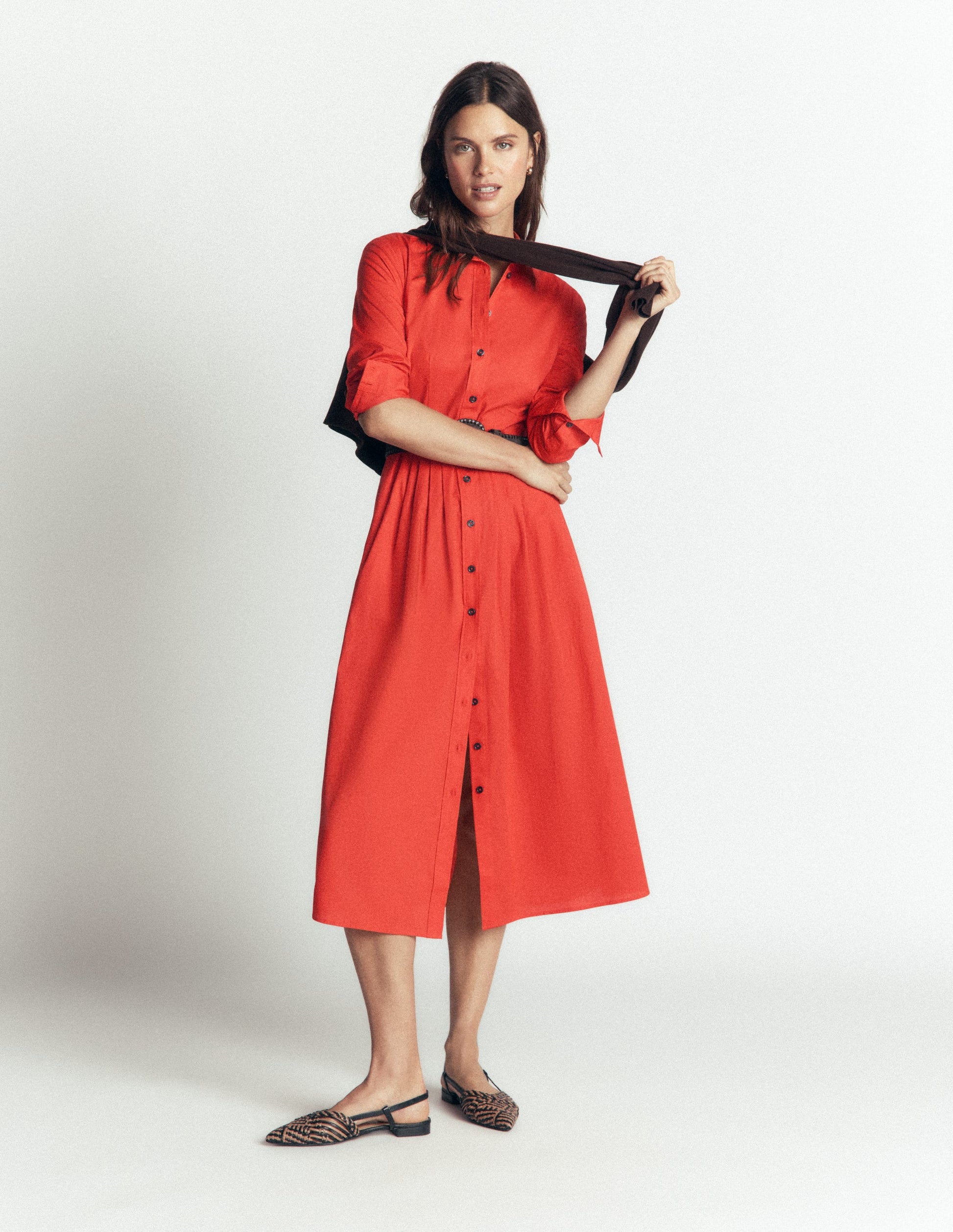 Alexa Cotton Midi Shirt Dress-Blood Orange-5