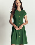 Short Pleated Button Dress-Hunter Green