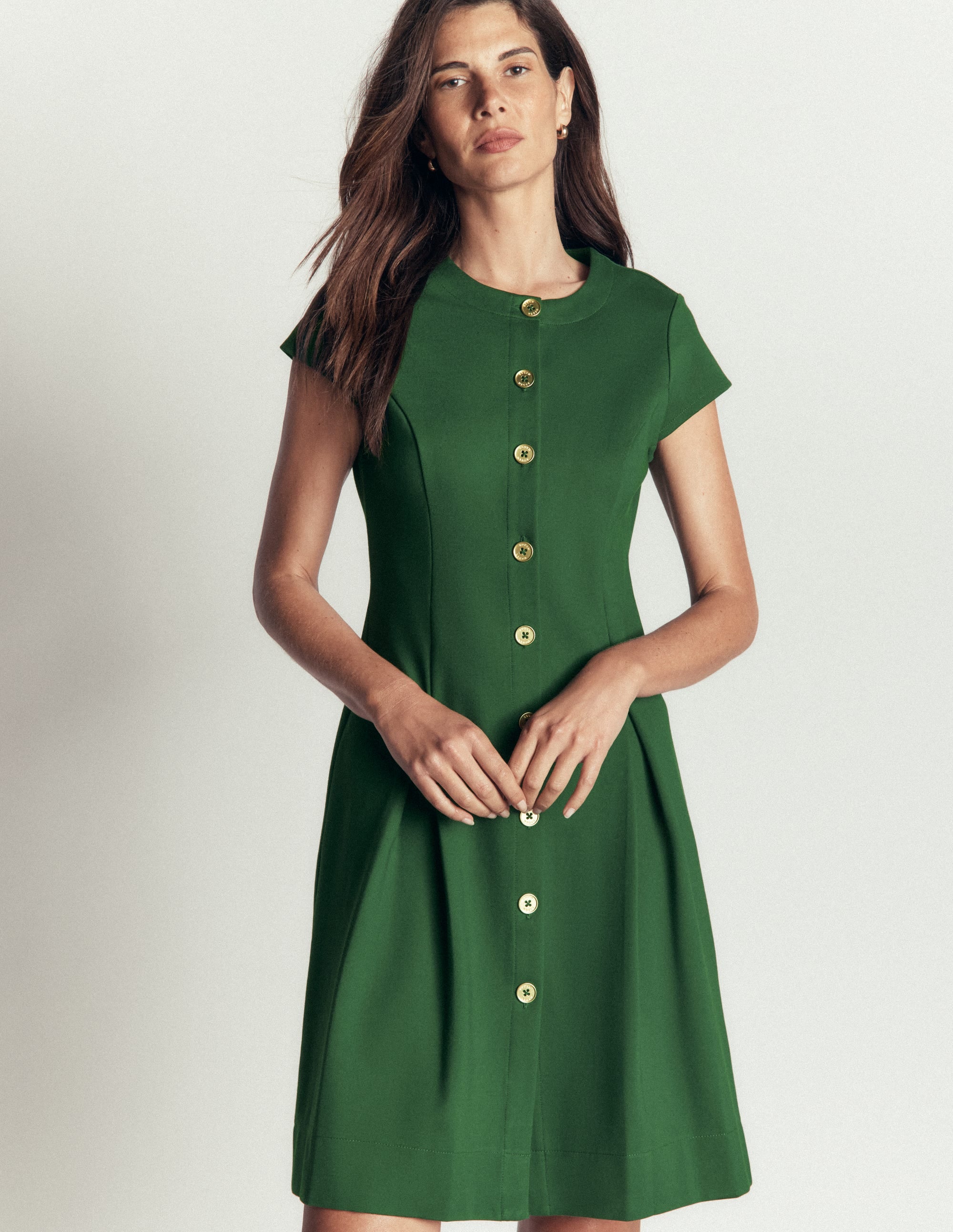 Short Pleated Button Dress-Hunter Green - Image 1