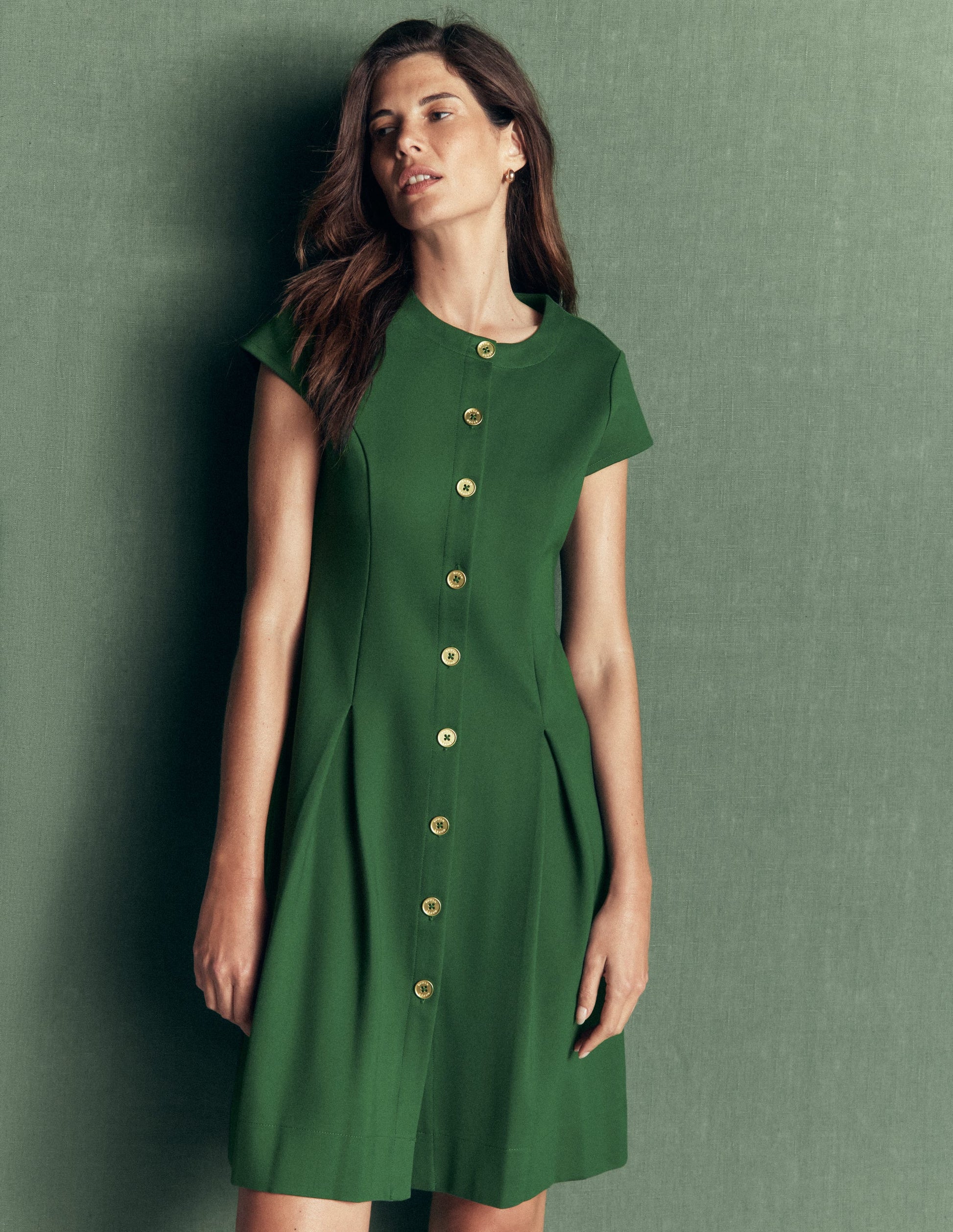 Short Pleated Button Dress-Hunter Green-2