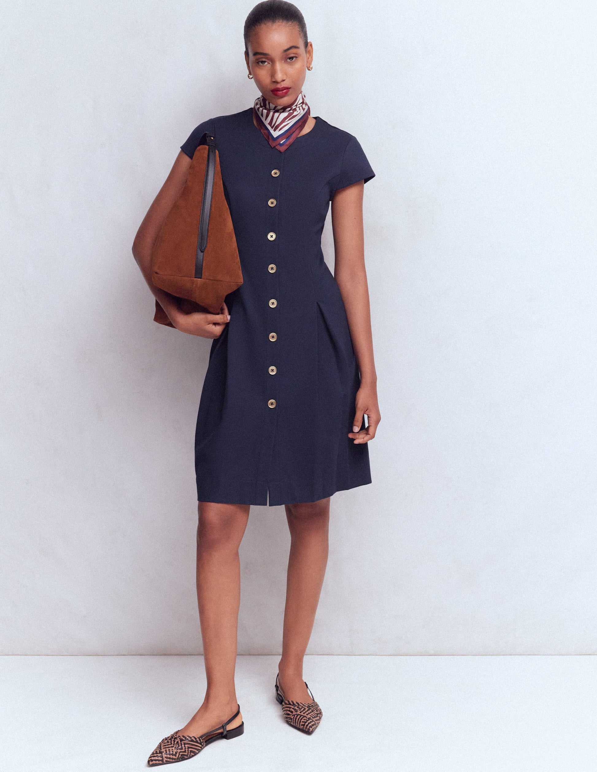 Short Pleated Button Dress-Navy-1