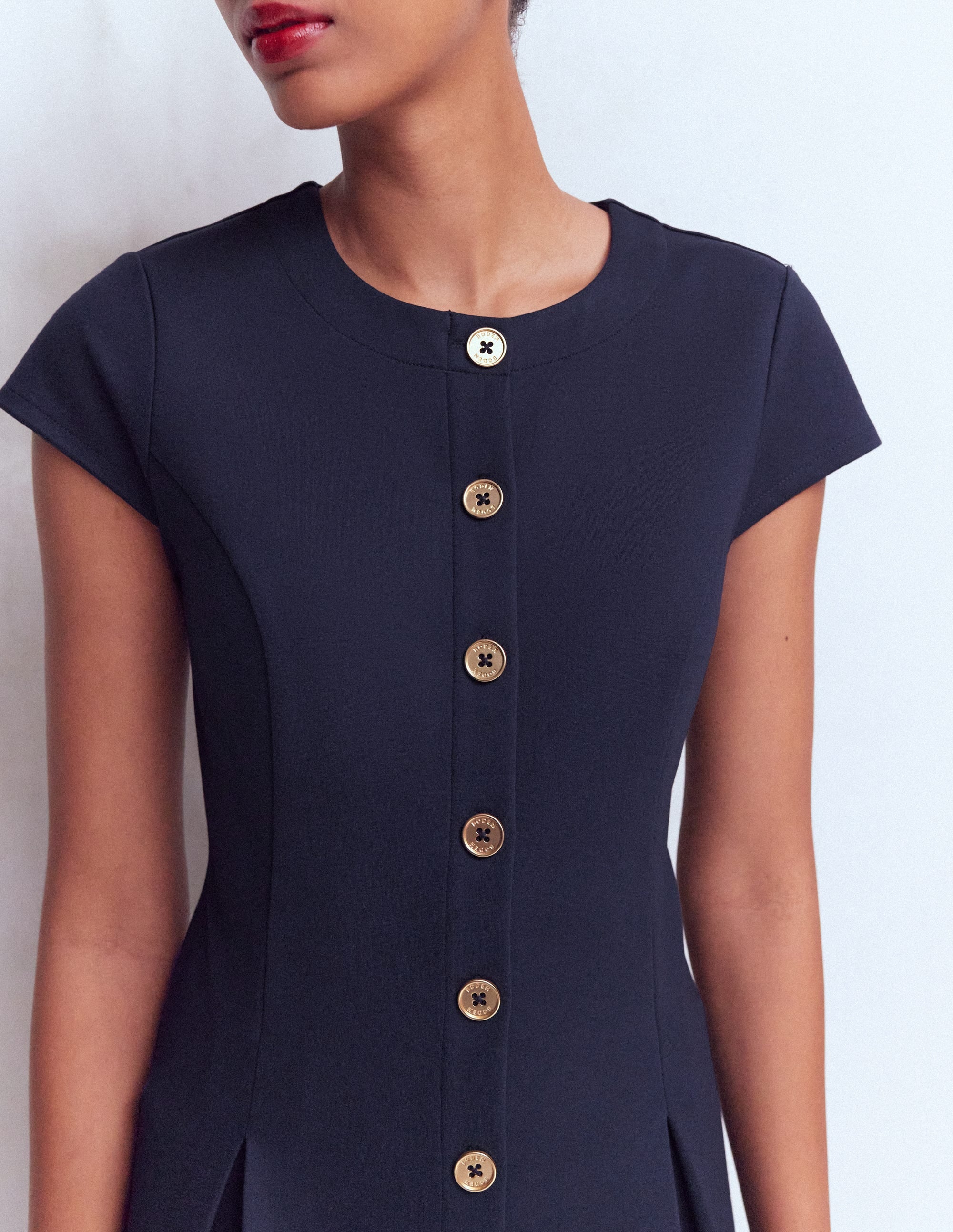 Short Pleated Button Dress-Navy - Image 2