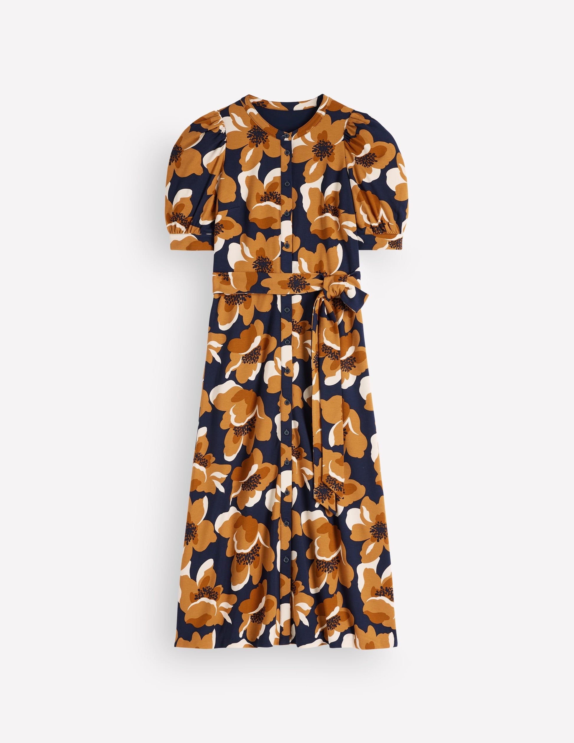 Puff Sleeve Ponte Shirt Dress-French Navy, Flowering Garden-6