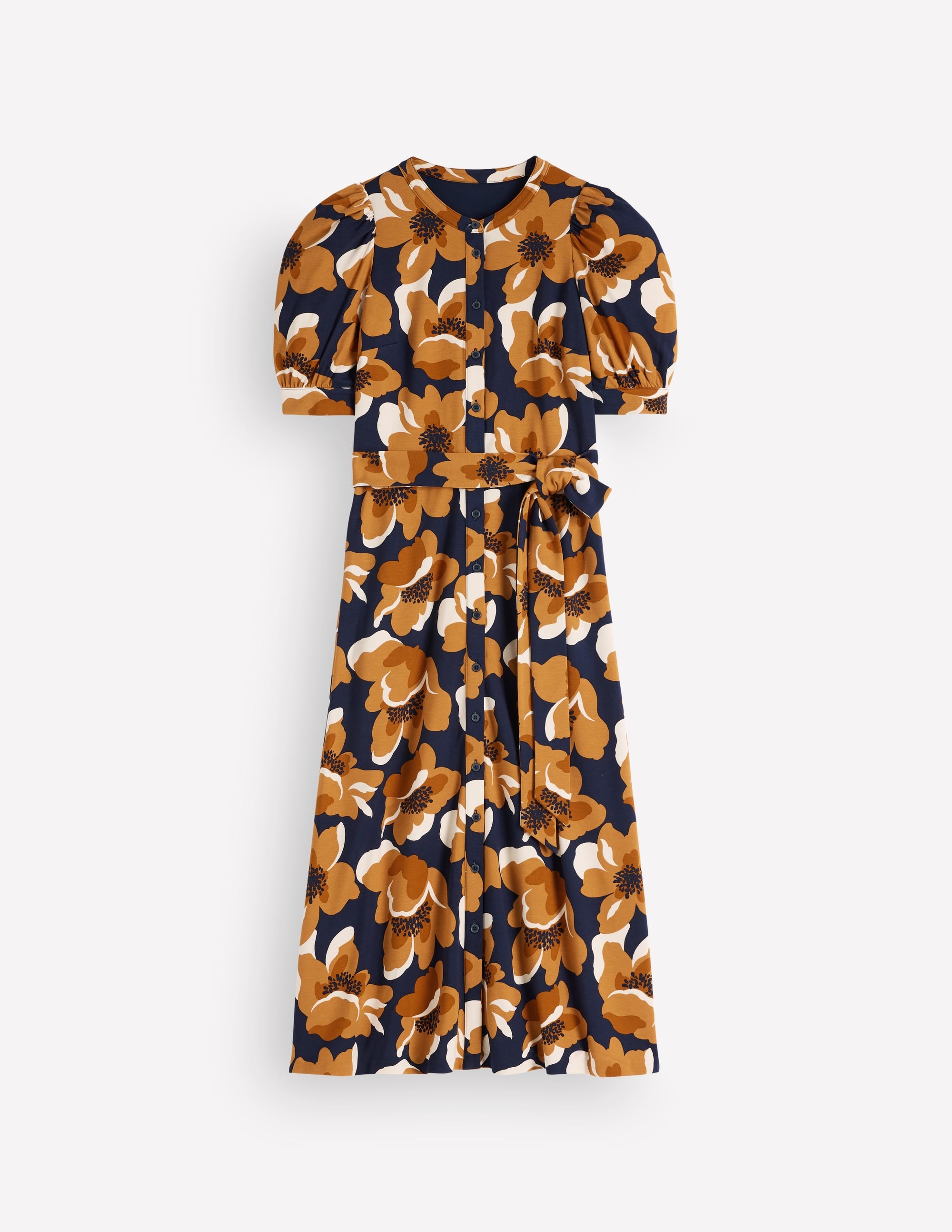 Puff Sleeve Ponte Shirt Dress-French Navy, Flowering Garden - Image 6