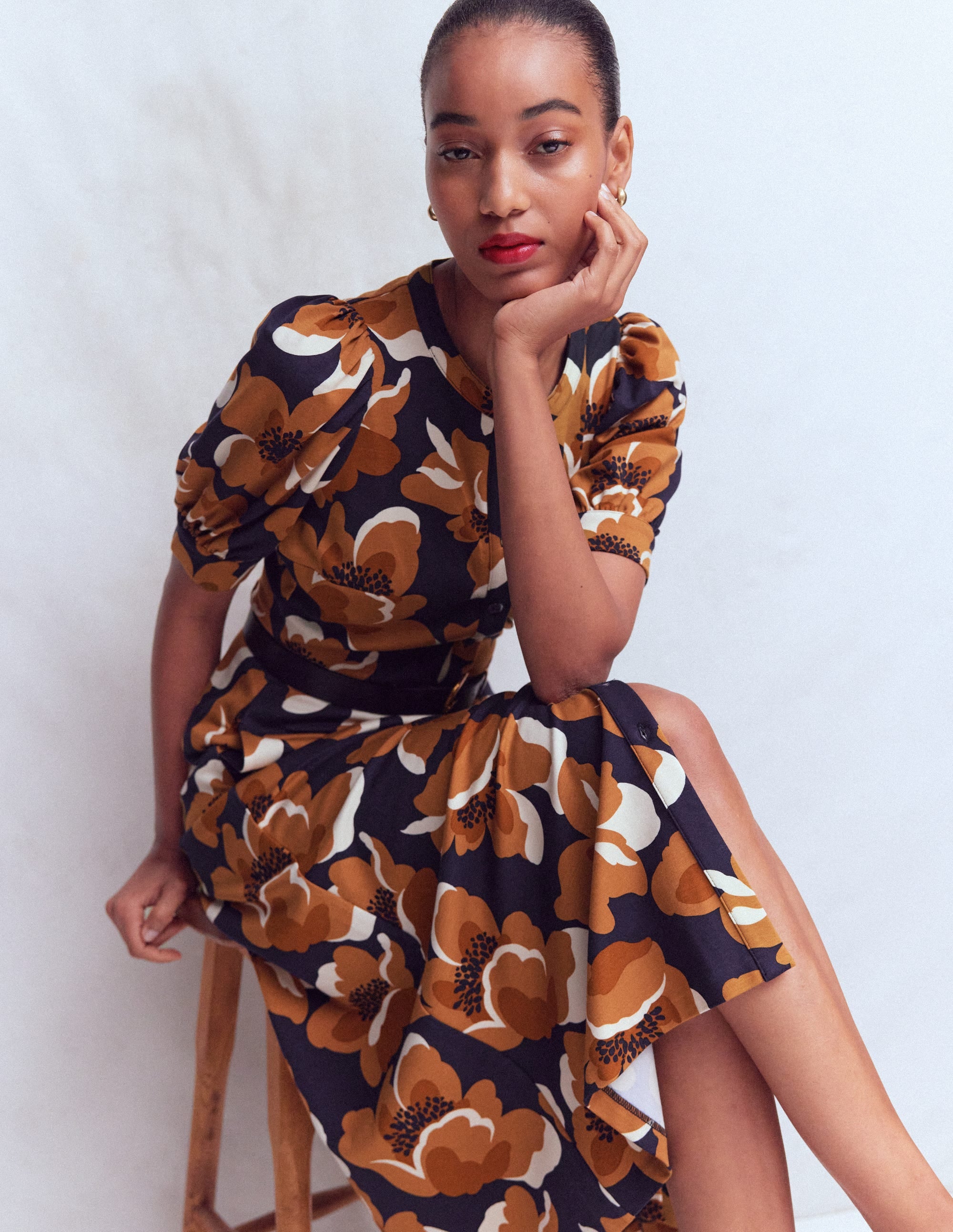 Puff Sleeve Ponte Shirt Dress-French Navy, Flowering Garden - Image 1