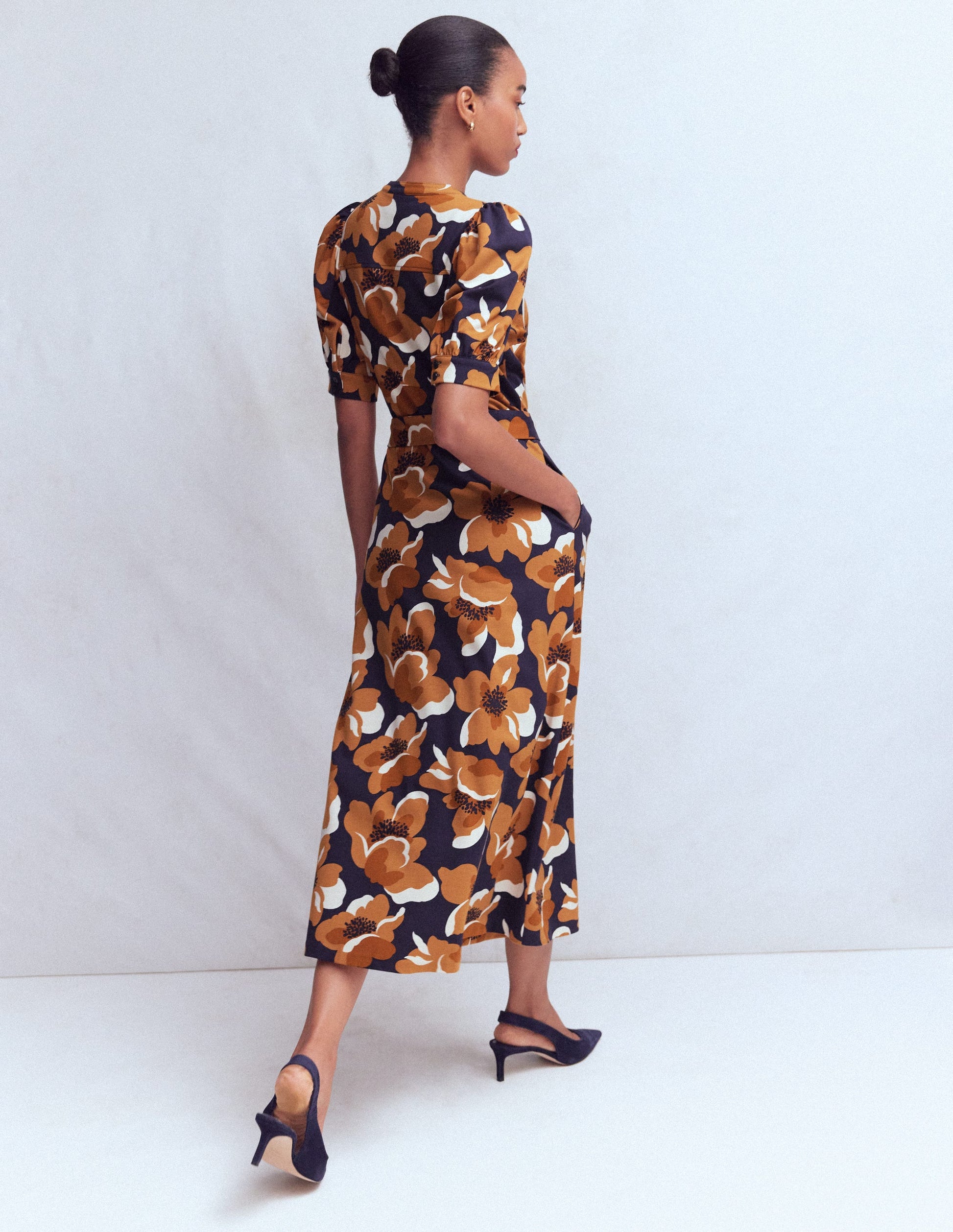 Puff Sleeve Ponte Shirt Dress-French Navy, Flowering Garden-3