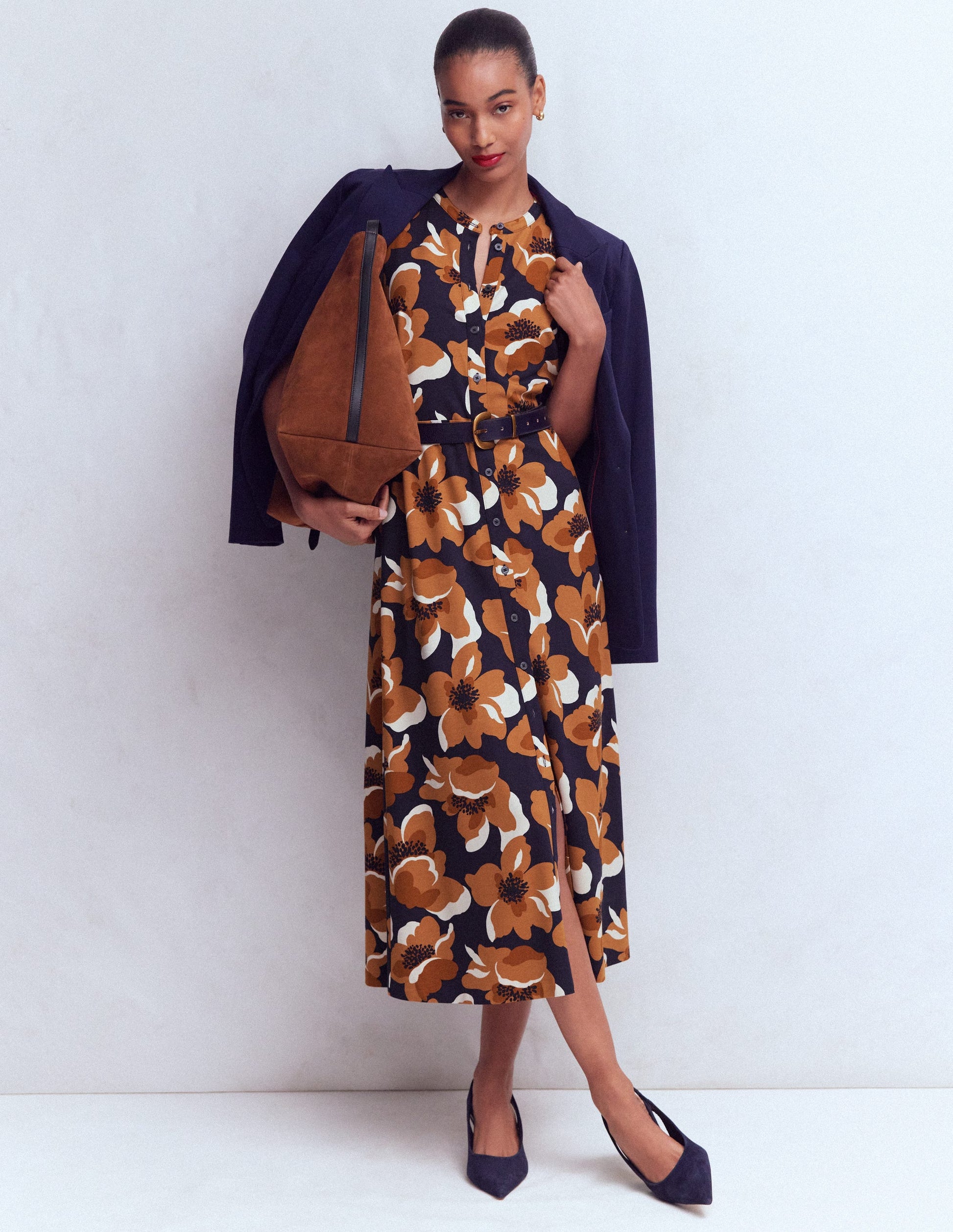 Puff Sleeve Ponte Shirt Dress-French Navy, Flowering Garden-4