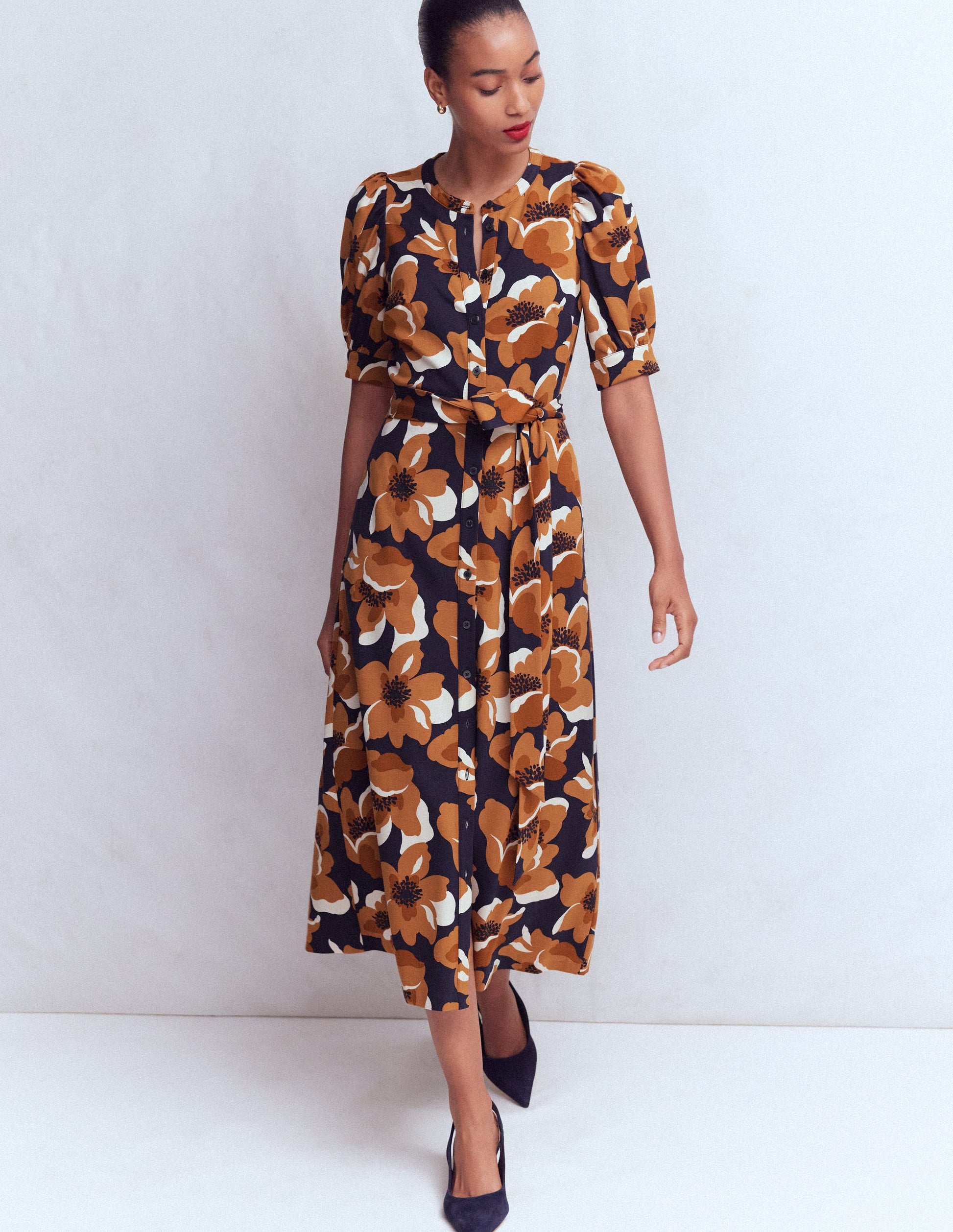 Puff Sleeve Ponte Shirt Dress-French Navy, Flowering Garden-5