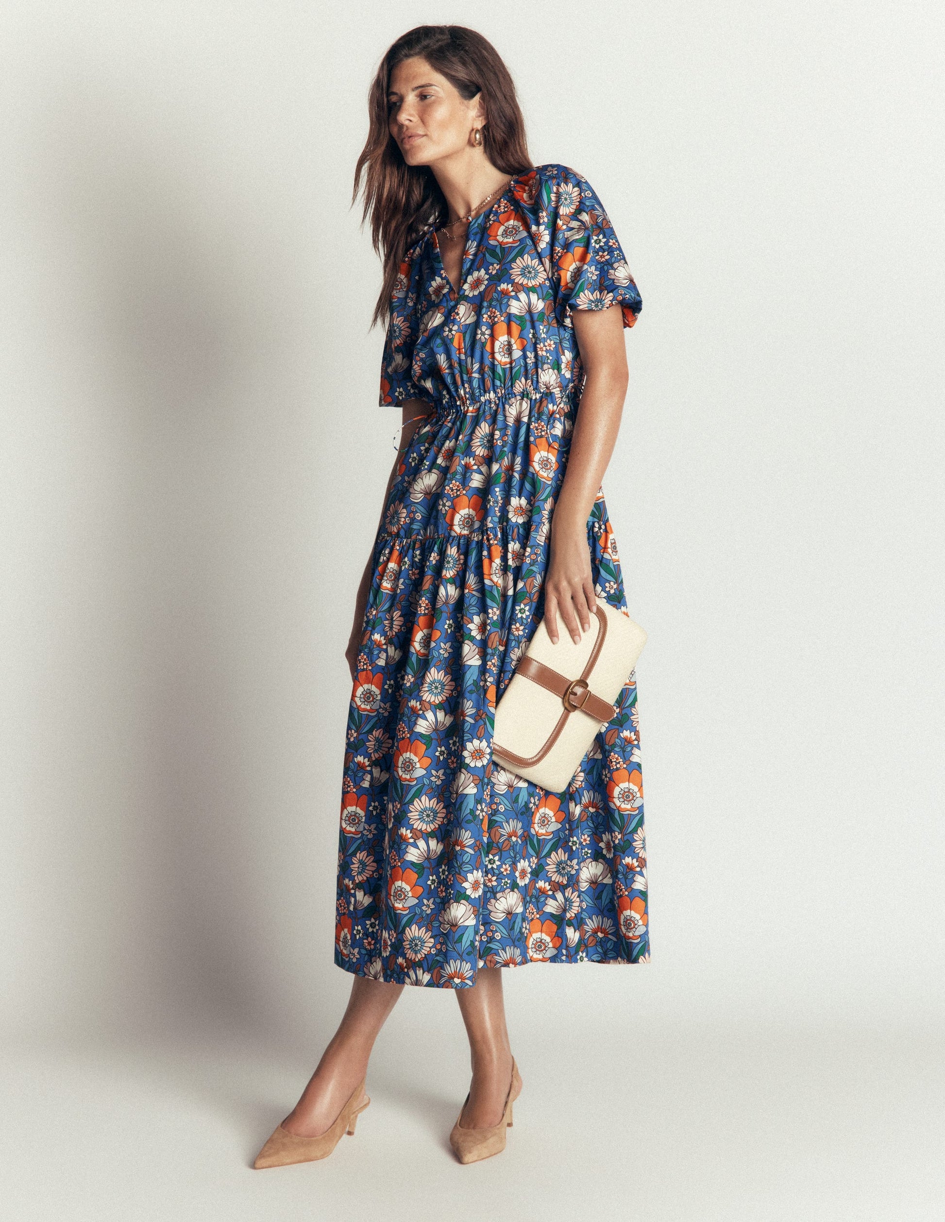 Draw Waist Cotton Dress - Multi, Floral Field