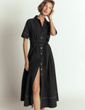 Sarah Cotton Midi Shirt Dress-Black