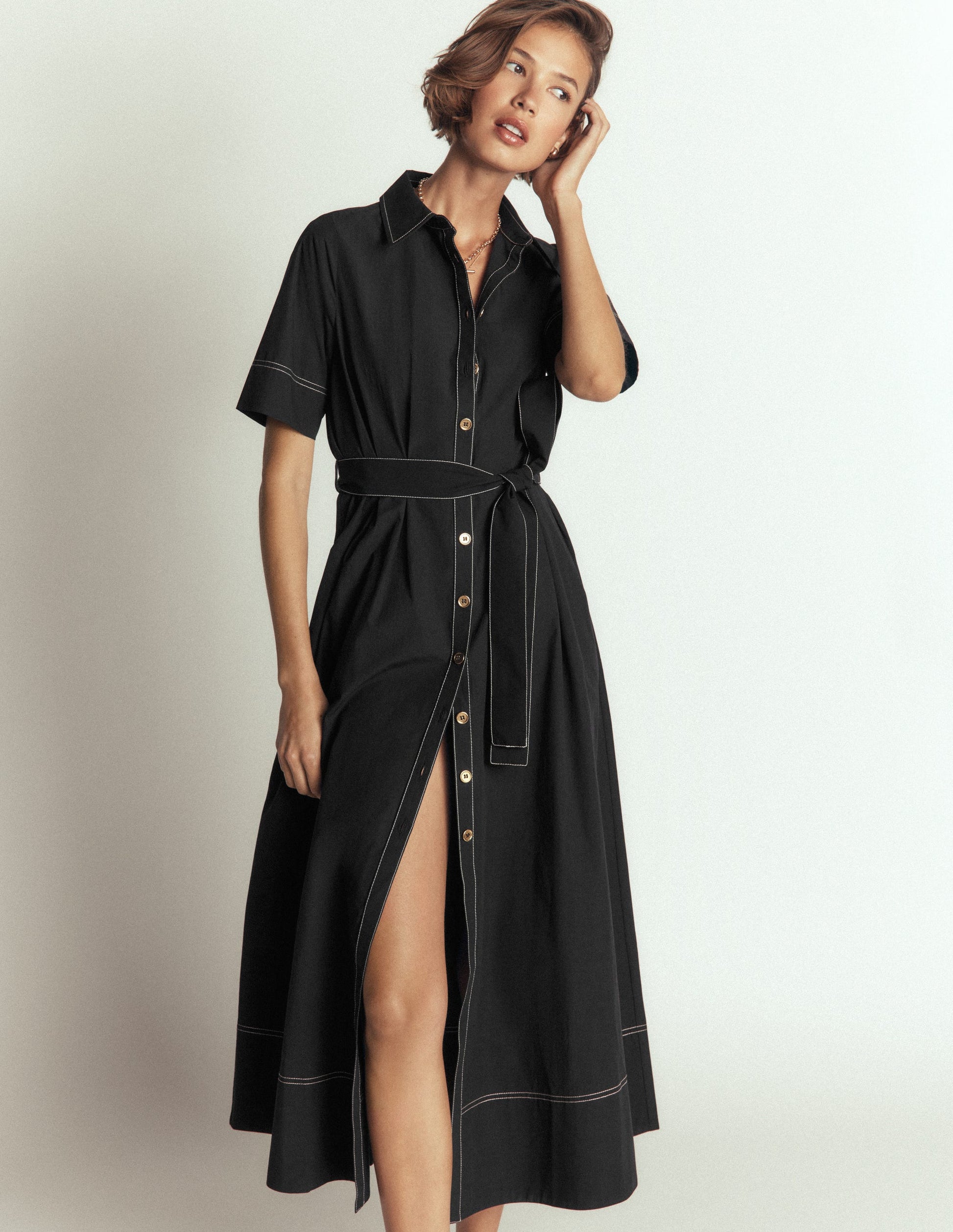 Sarah Cotton Midi Shirt Dress-Black-1