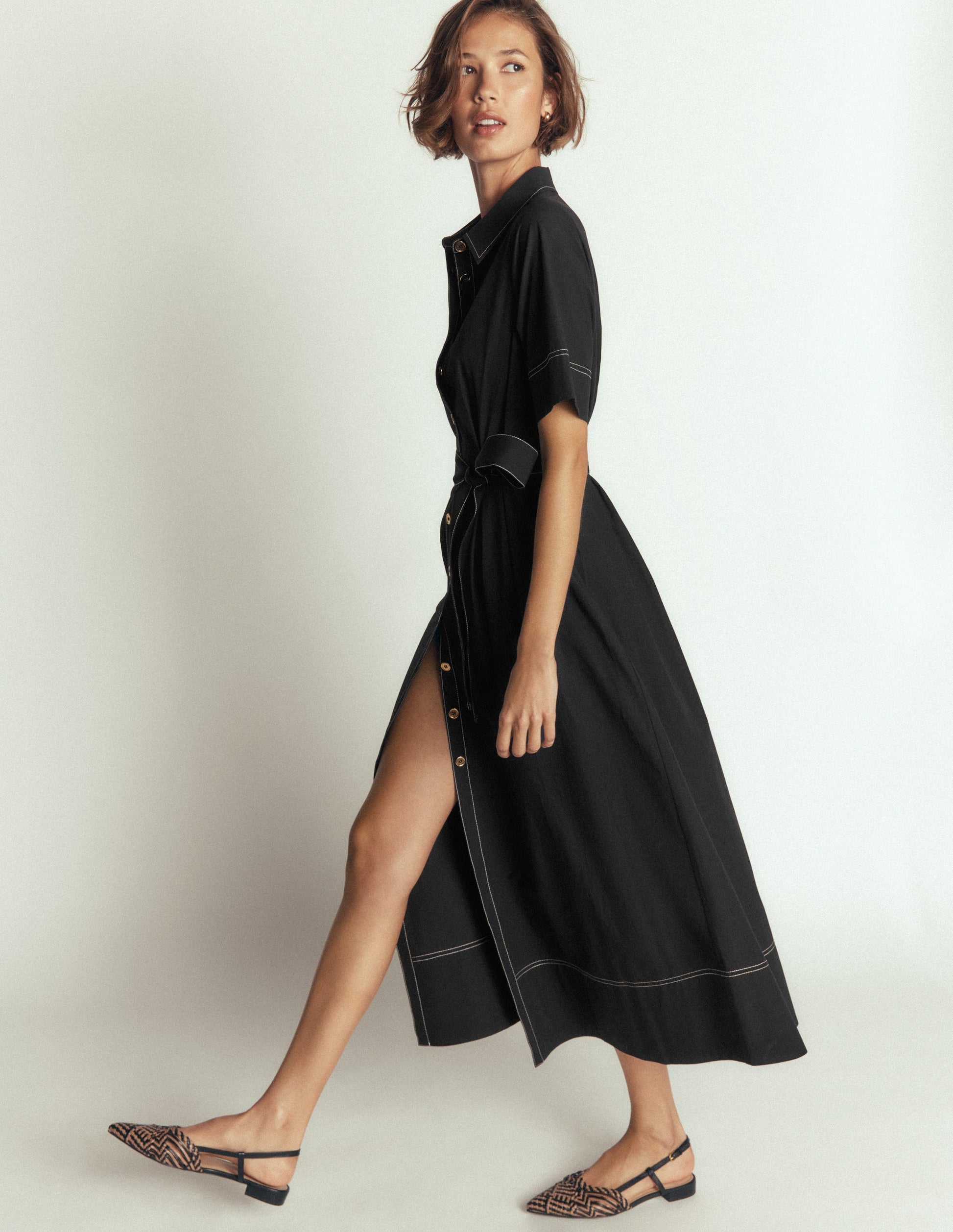 Sarah Cotton Midi Shirt Dress-Black-4