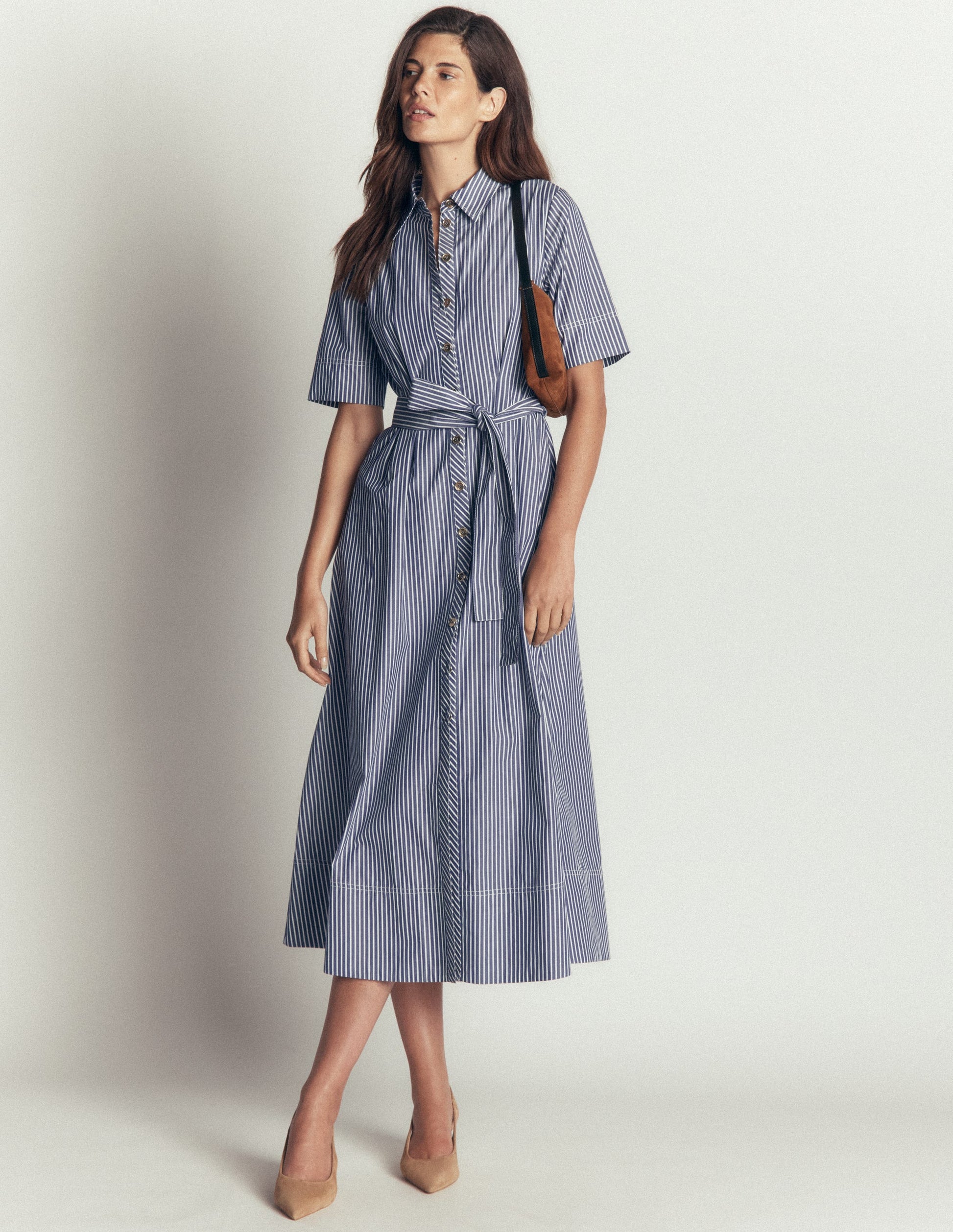 Sarah Cotton Midi Shirt Dress-Navy Ivory Fine Stripe-1