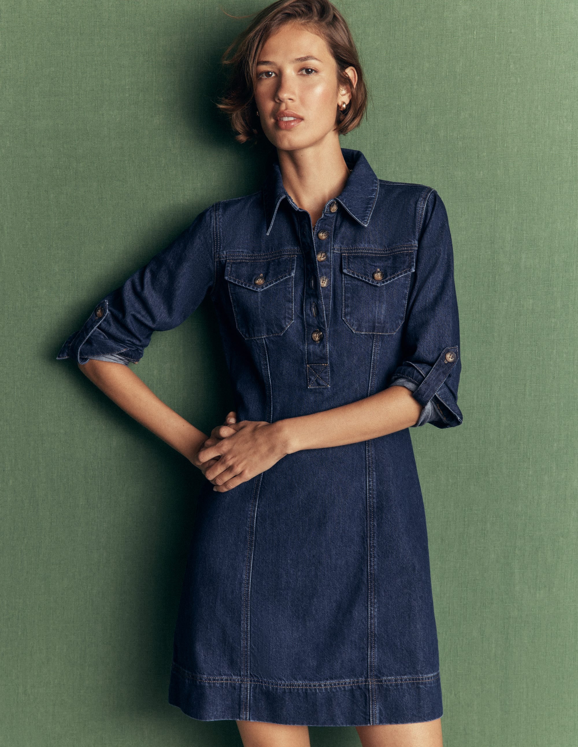 Fleur Denim Short Dress-Mid Vintage Denim - Image 1