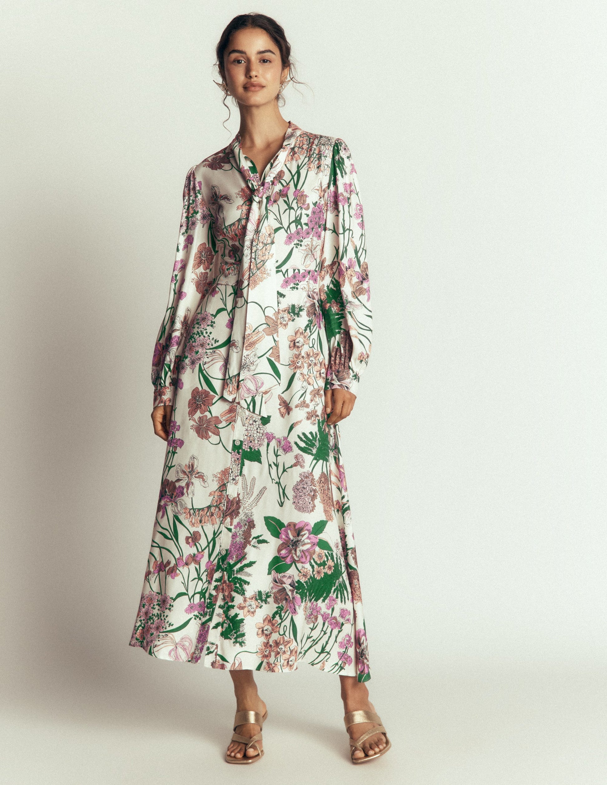 Bow Detail Shirt Dress-Ivory, Whimsical Flora-5