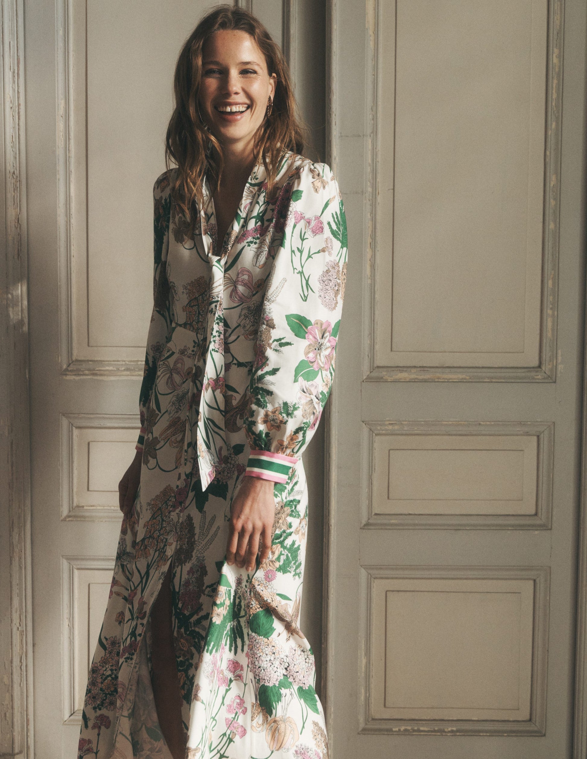 Bow Detail Shirt Dress-Ivory, Whimsical Flora-8