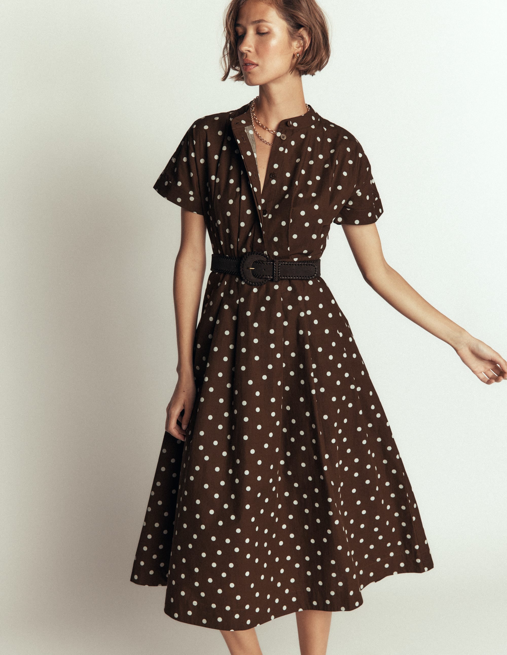 Grown On Sleeve Midi Dress-Raw Umber, Painted Dot Spaced - Image 1