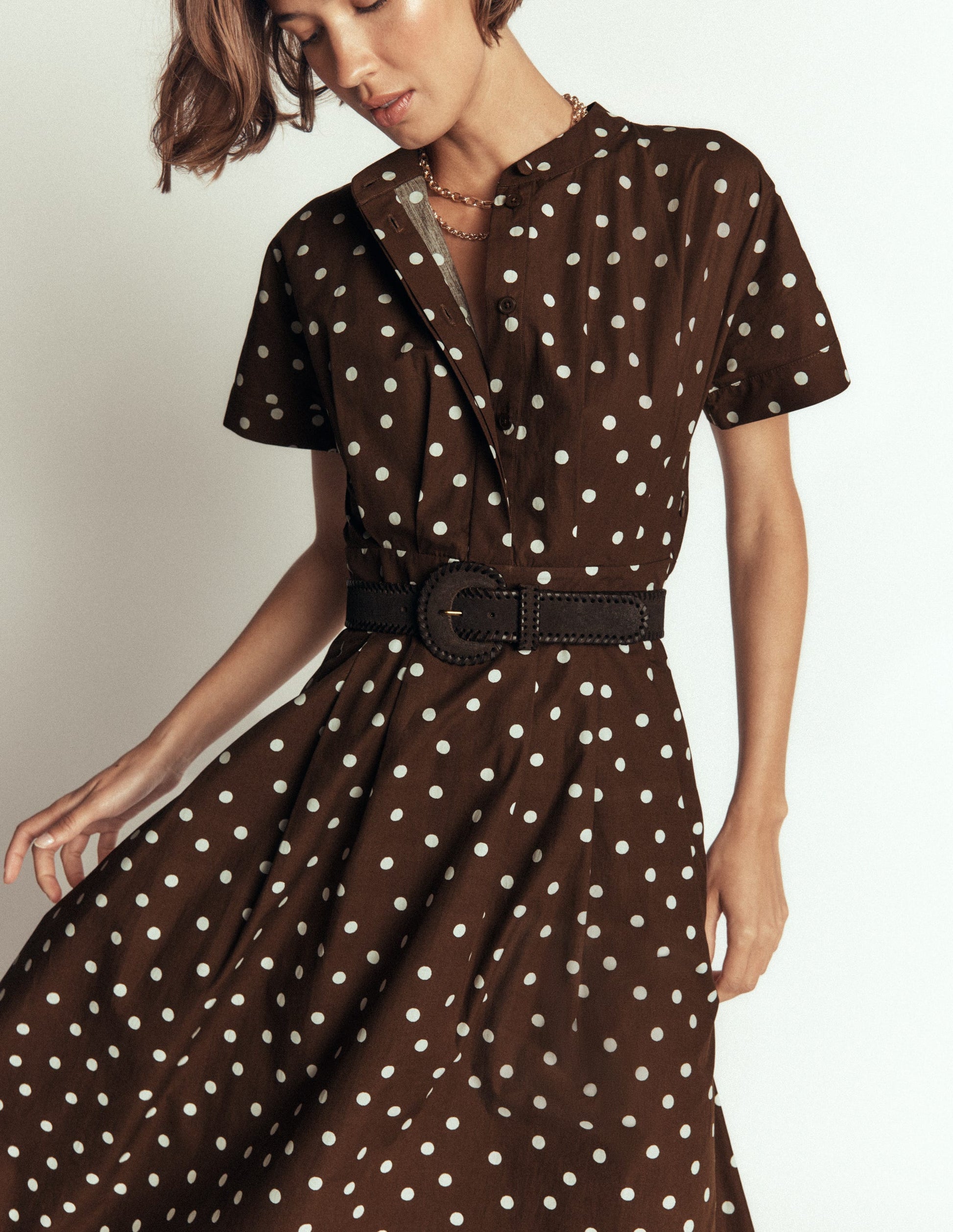 Grown On Sleeve Midi Dress-Raw Umber, Painted Dot Spaced-5