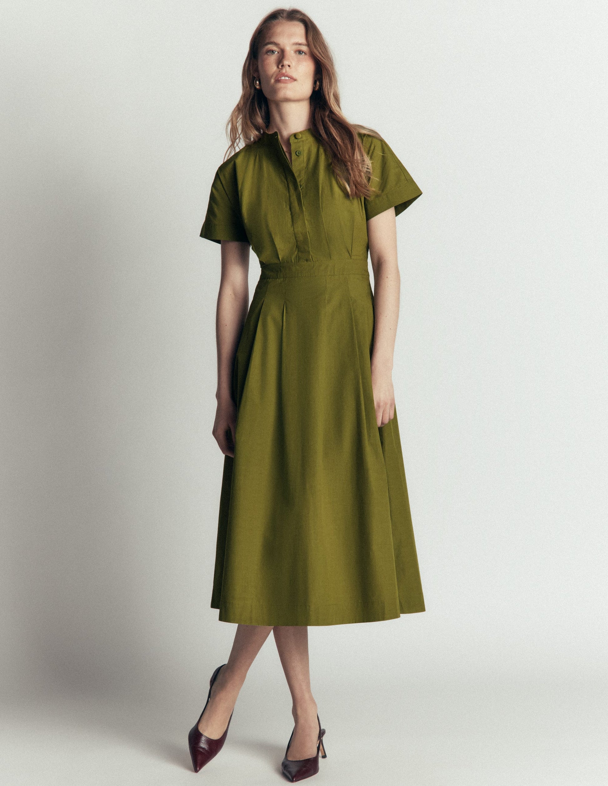 Grown On Sleeve Midi Dress-Olive-1