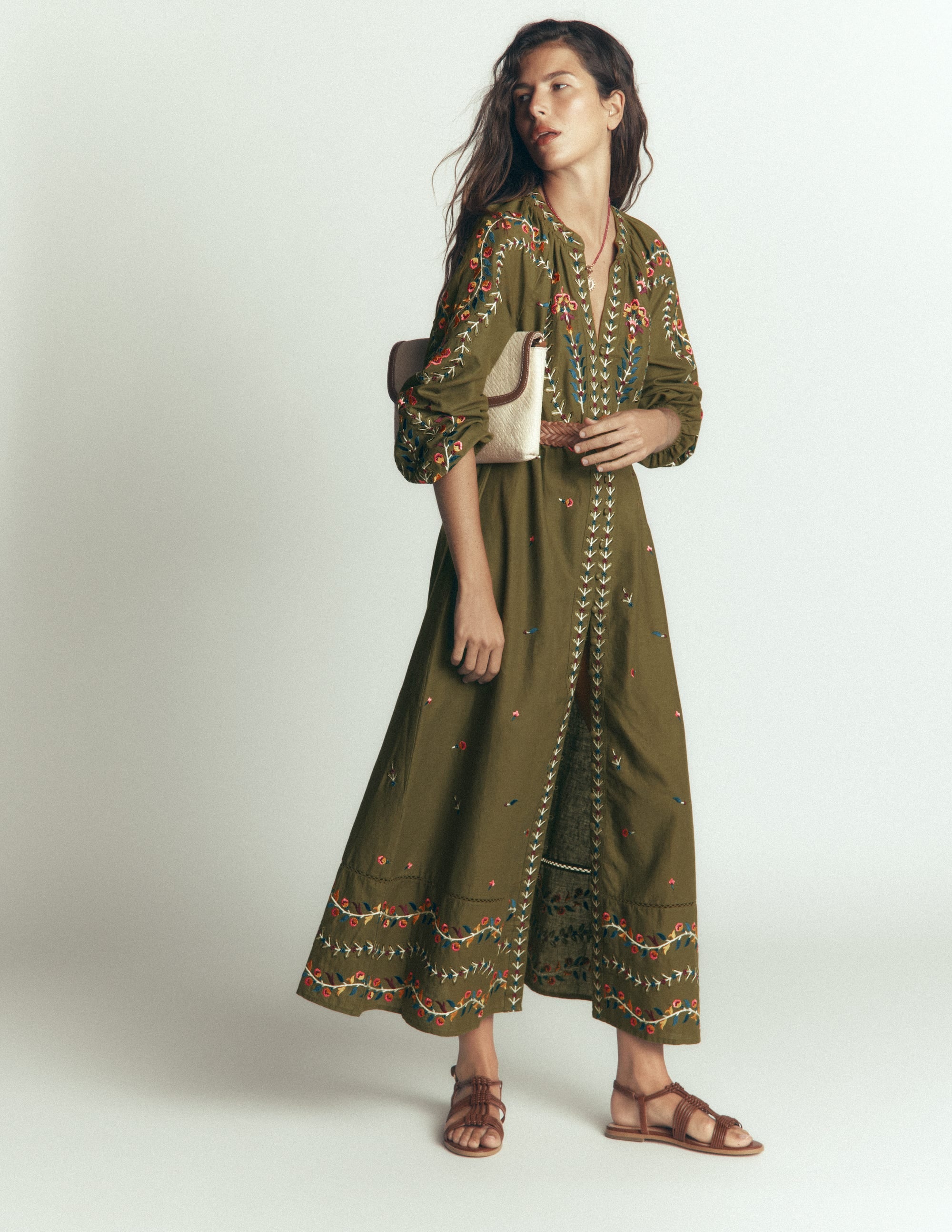 Embroidered Linen Dress-Woodland Green, Embroidery - Image 1