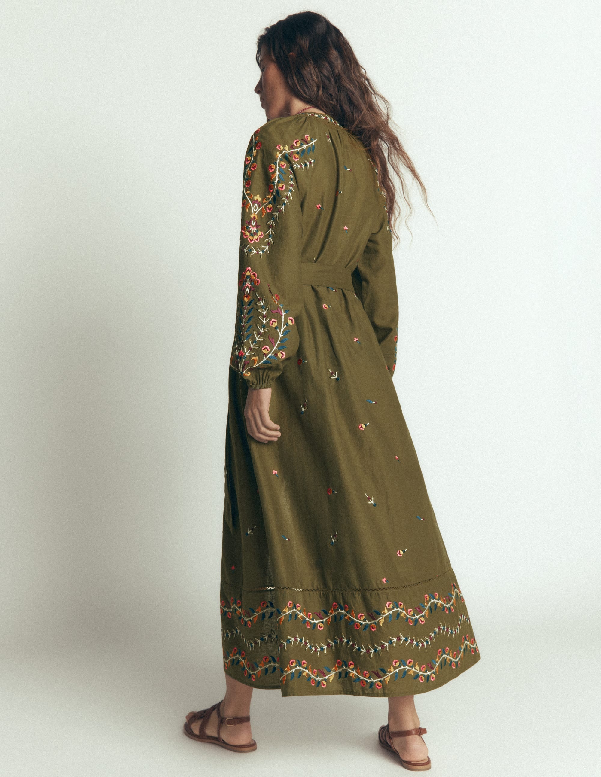 Embroidered Linen Dress-Woodland Green, Embroidery - Image 3
