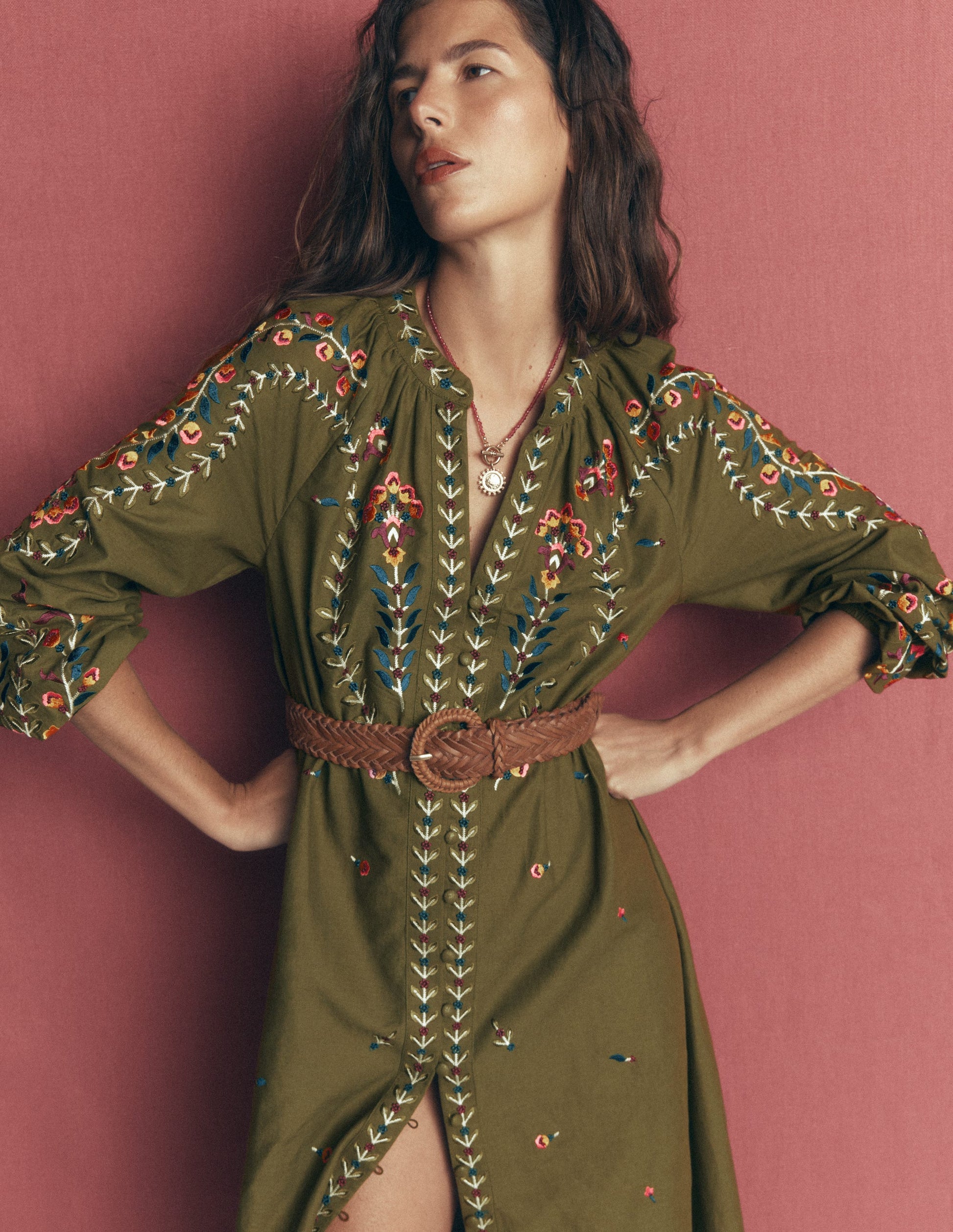 Embroidered Linen Dress-Woodland Green, Embroidery-4