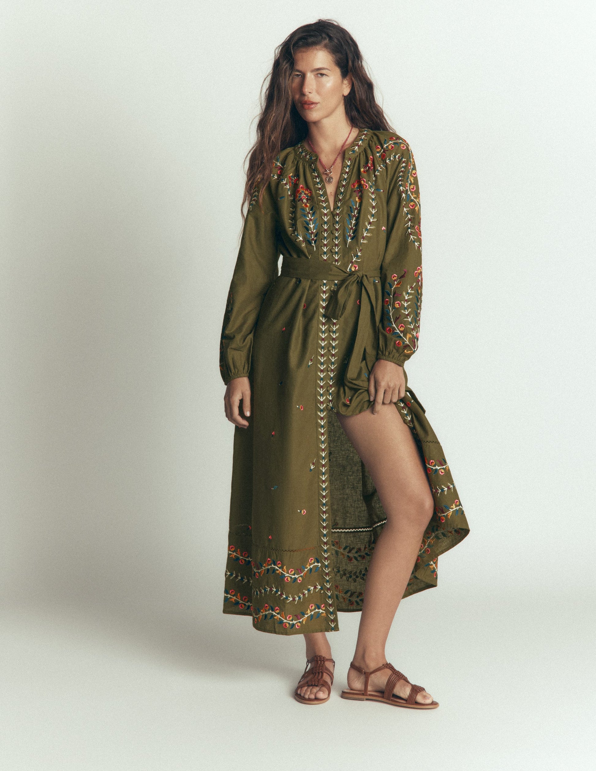 Embroidered Linen Dress-Woodland Green, Embroidery-5