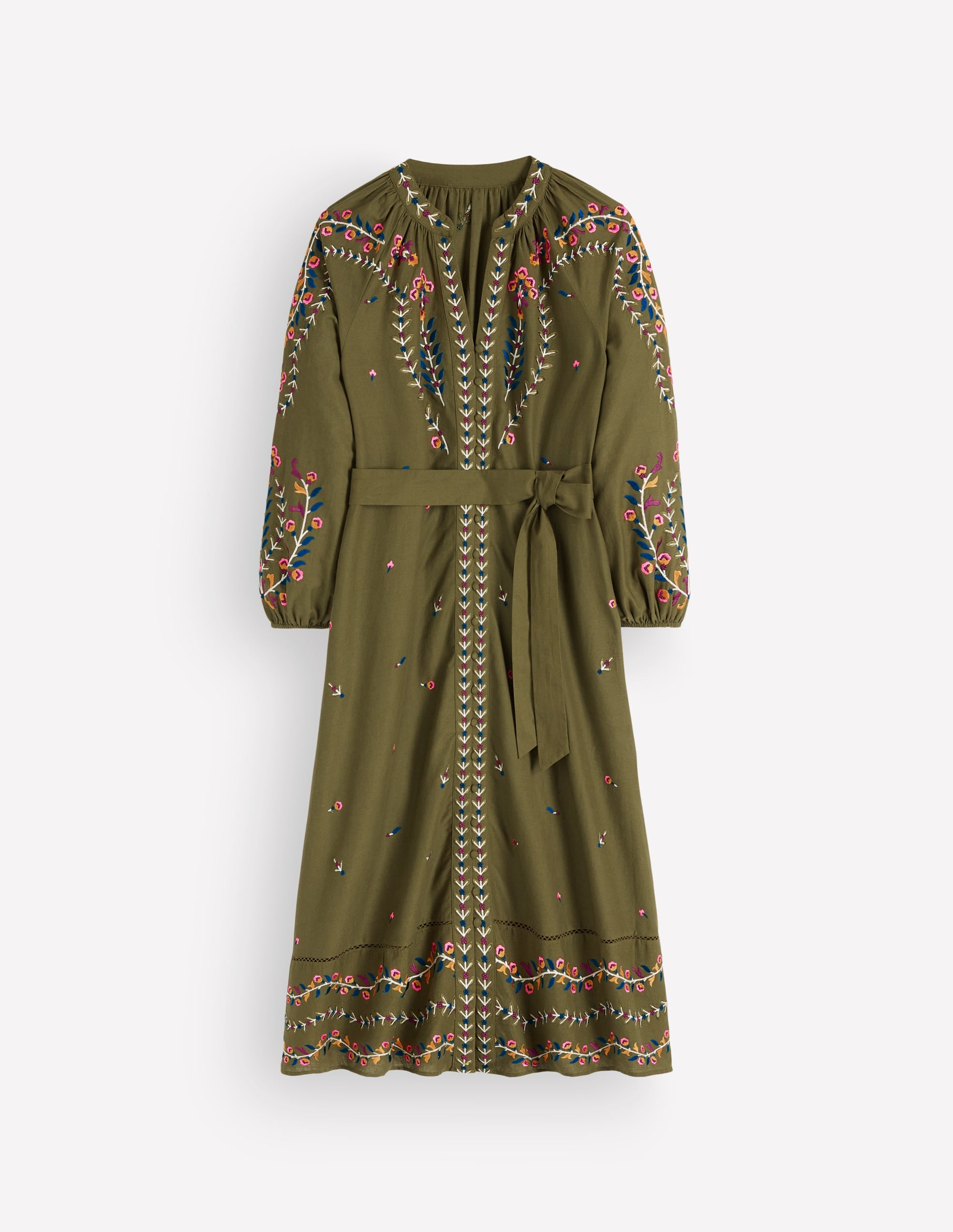 Embroidered Linen Dress-Woodland Green, Embroidery - Image 7