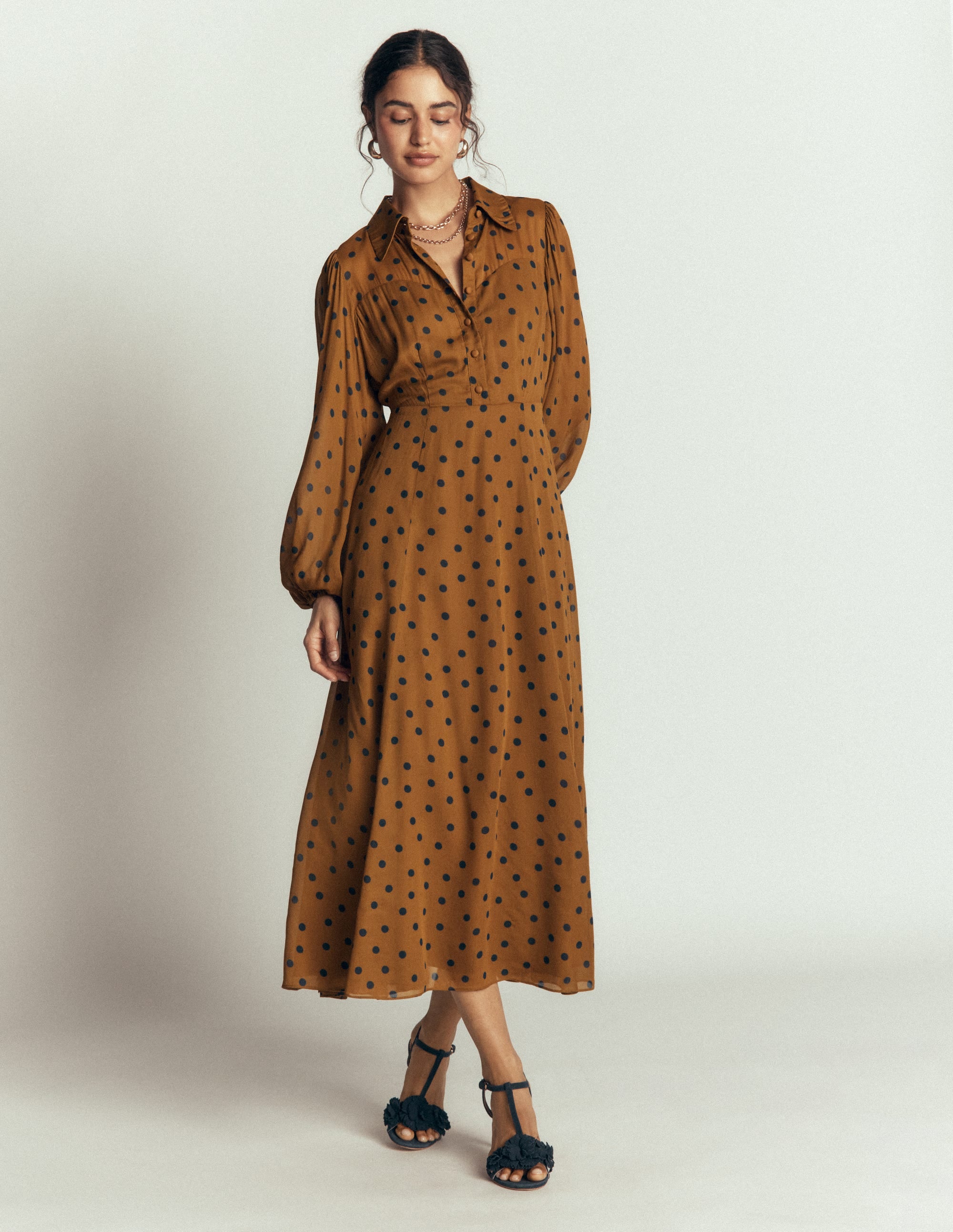 Sheer Yoke Shirt Dress-Rubber and Navy, Painted Dot - Image 7