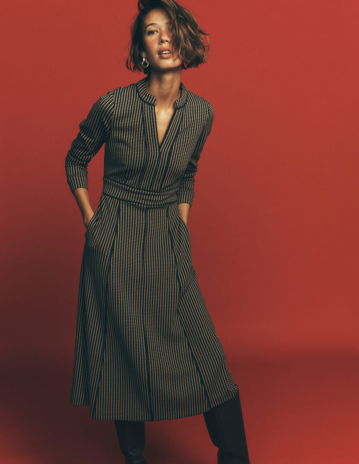 Alex Ponte Contrast Midi Dress-Navy/Camel Texture-1