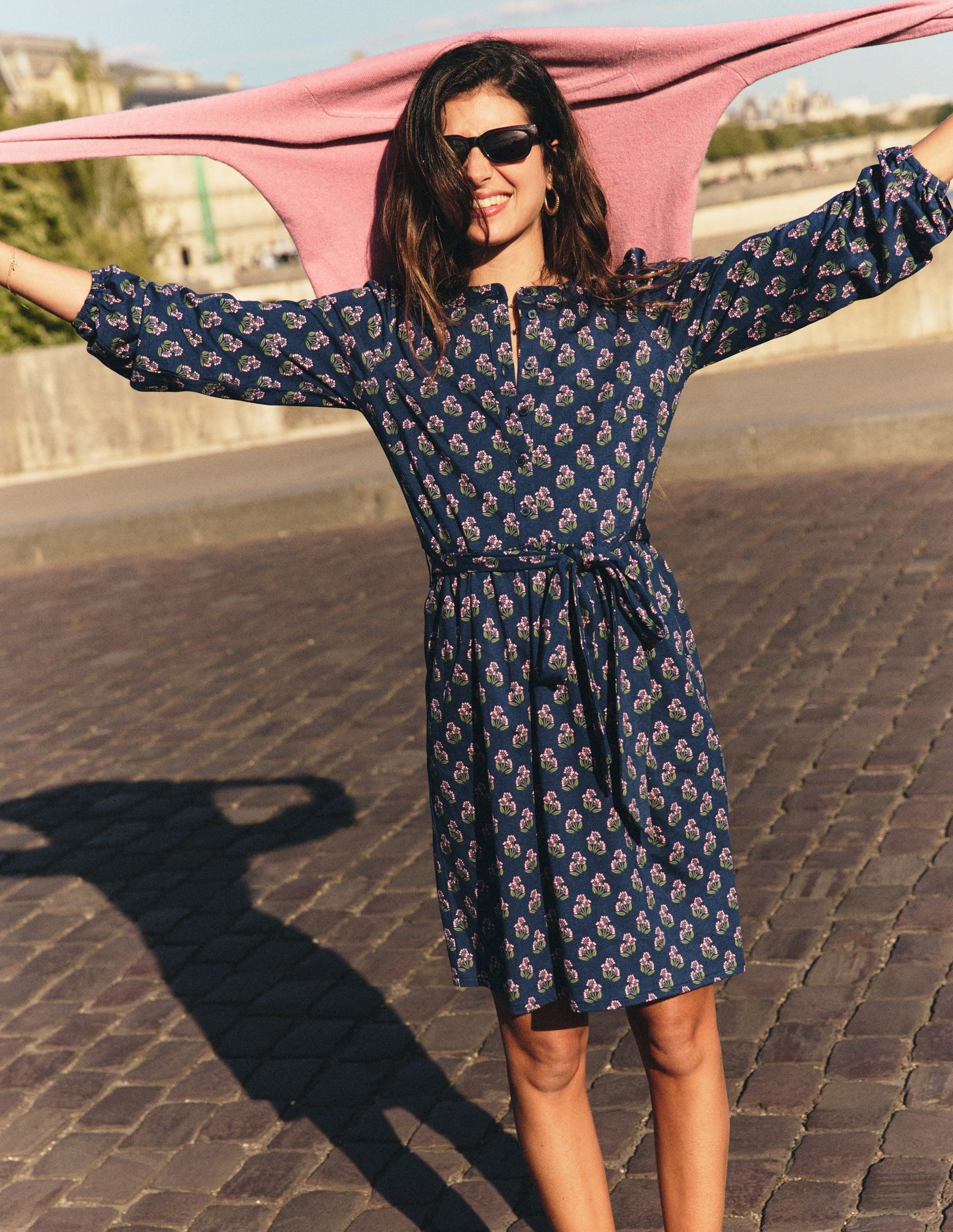 Adele Belted Jersey Dress-College Navy, Ditsy Carnation - Image 1