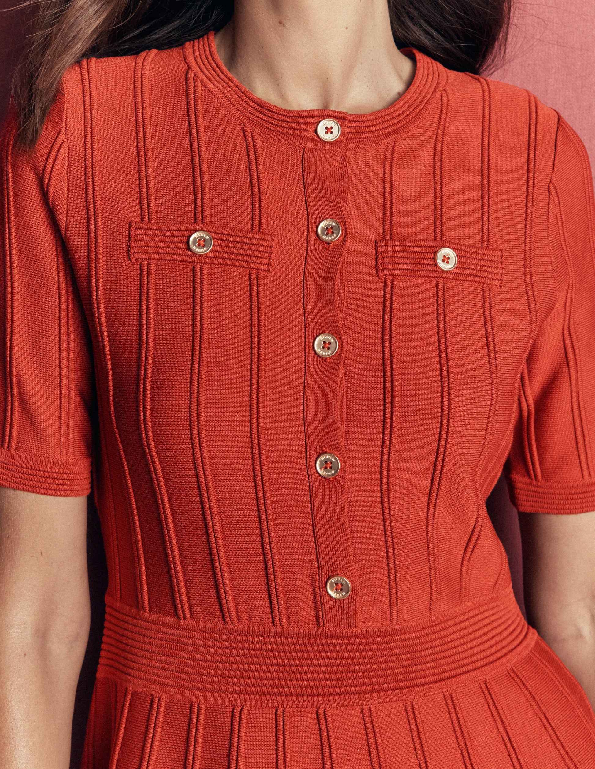 Button Front Stitch Dress-Burnt Orange-2