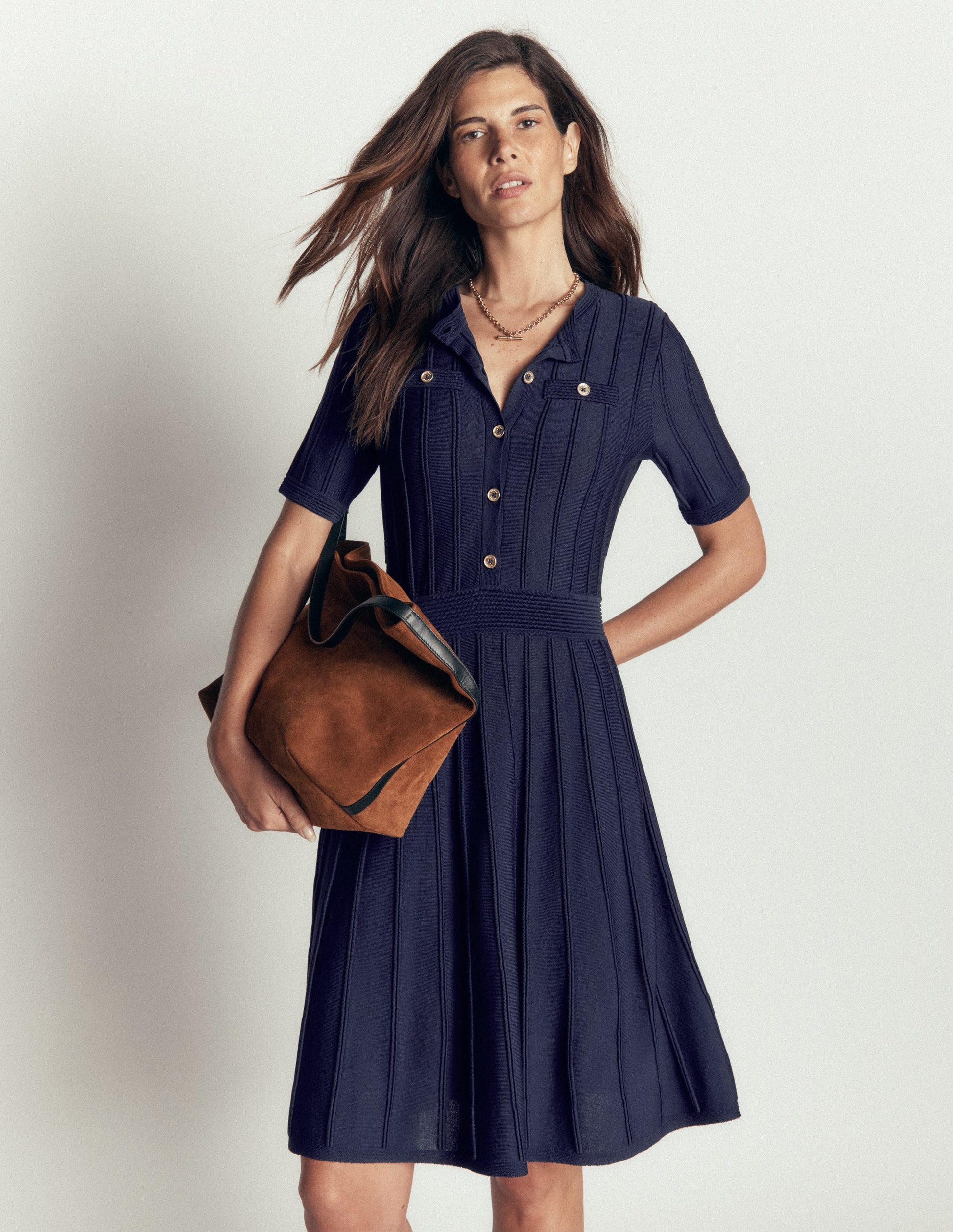 Button Front Stitch Dress-Navy-4