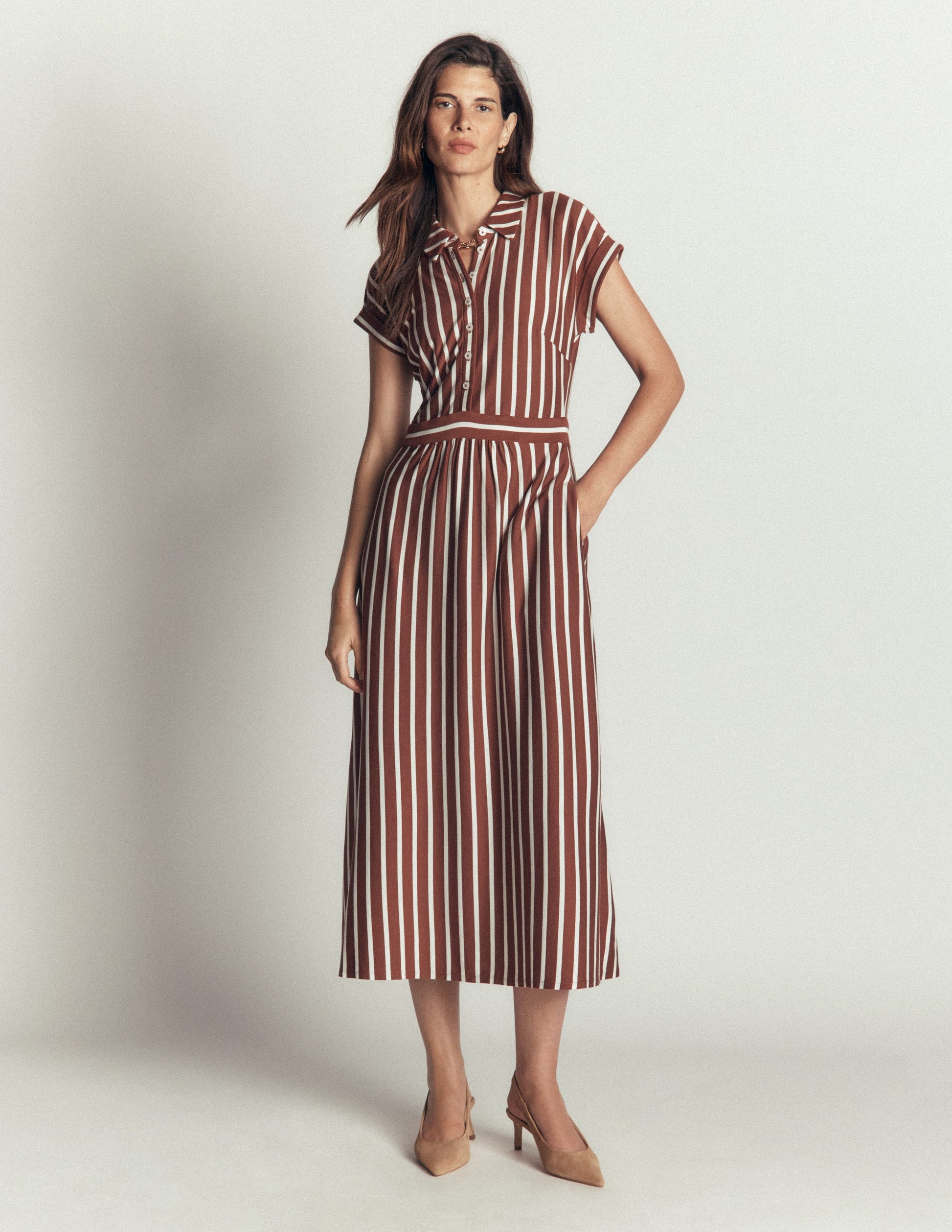 Fae Jersey Shirt Dress-Brown Stripe-4