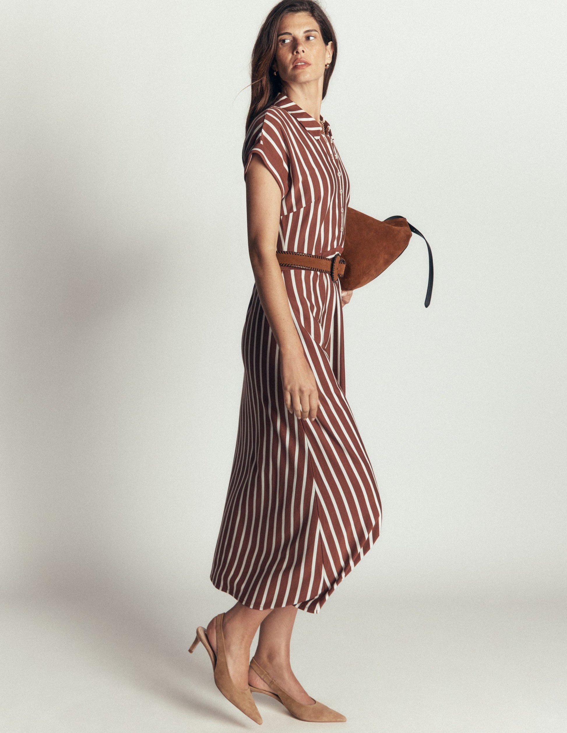 Fae Jersey Shirt Dress-Brown Stripe-6