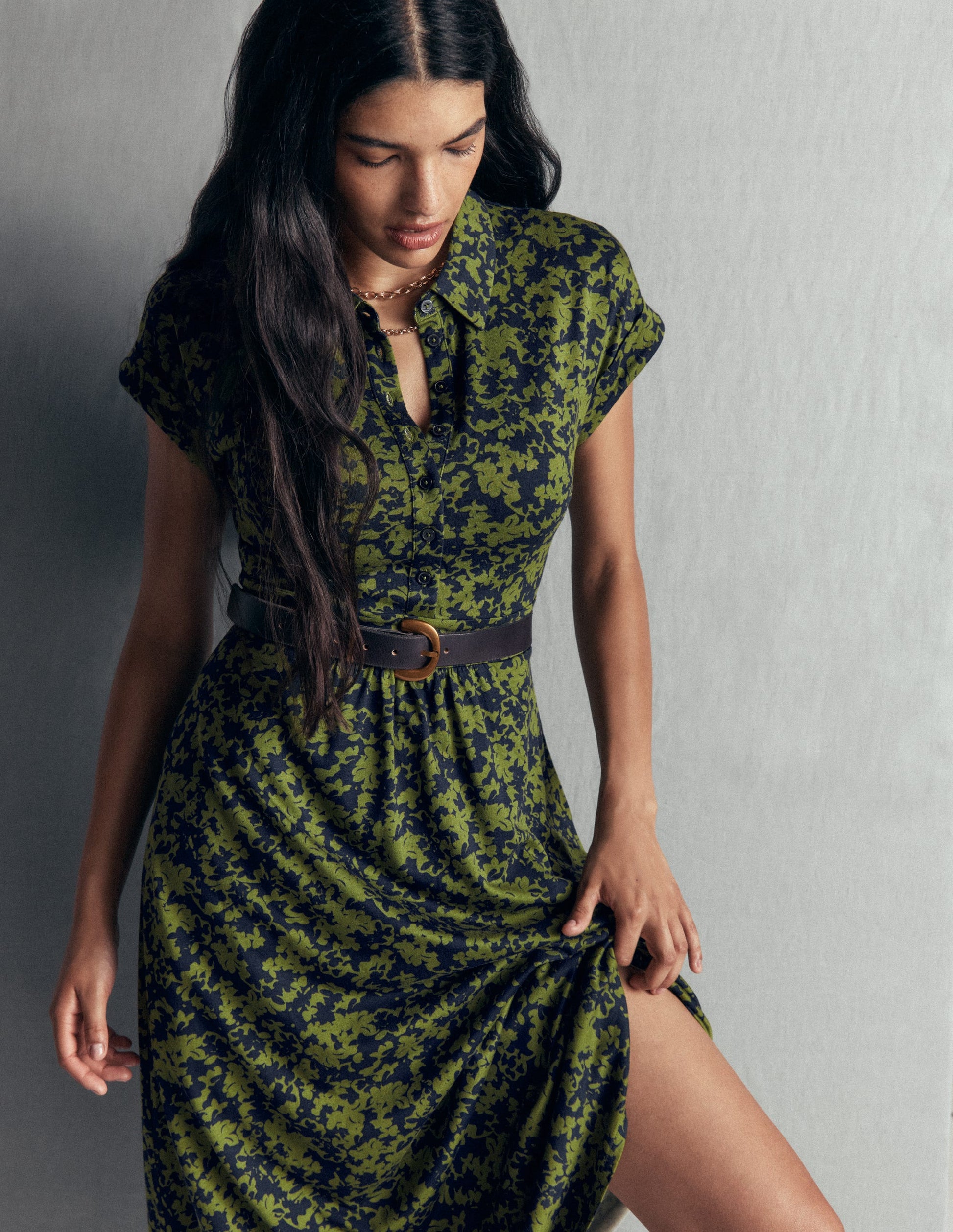 Fae Jersey Shirt Dress-Forest Green, Sprayed Leaf-1